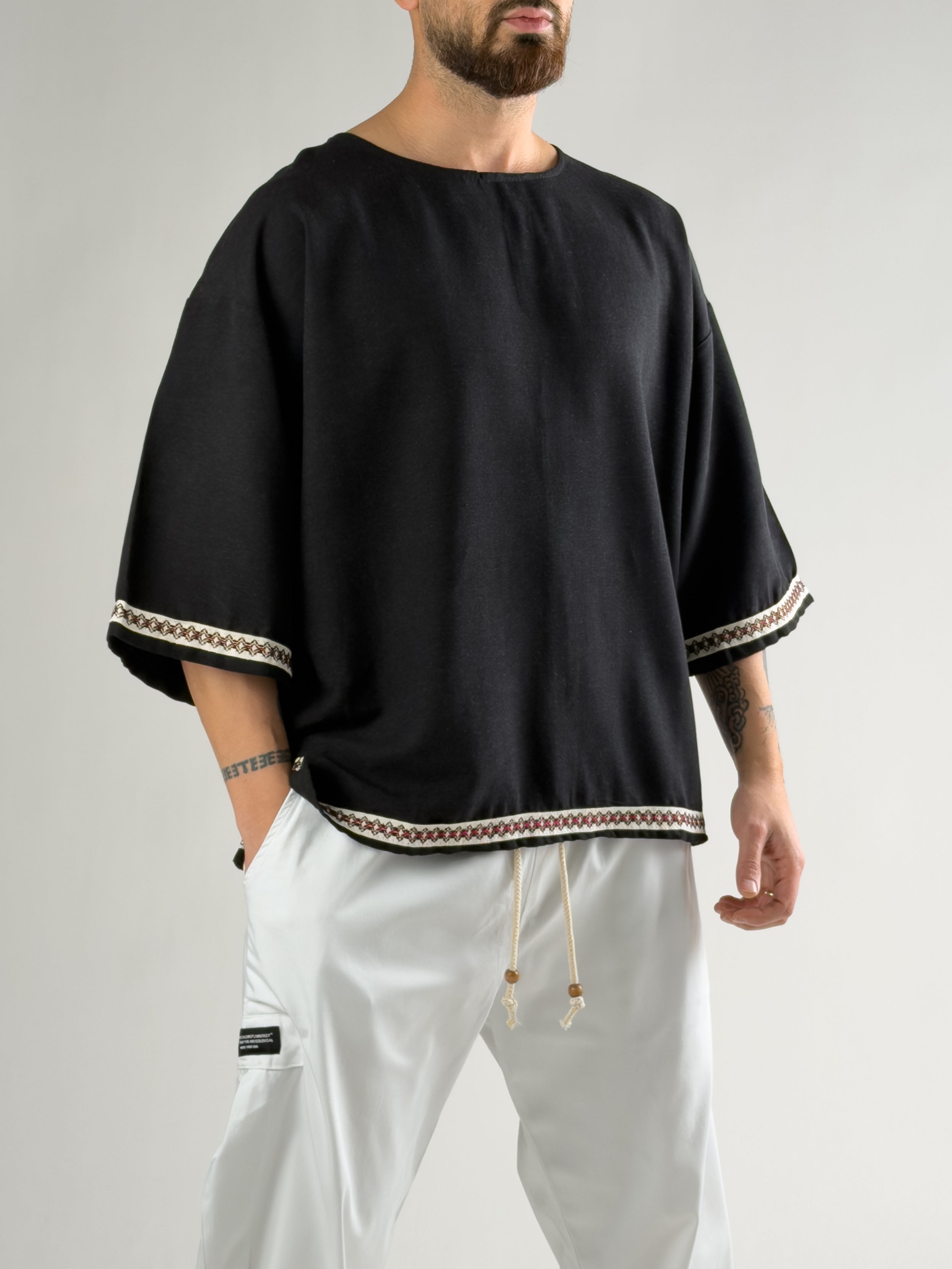 Kol Desenli Fakir Kol Oversize Siyah Erkek T-Shirt COC2812