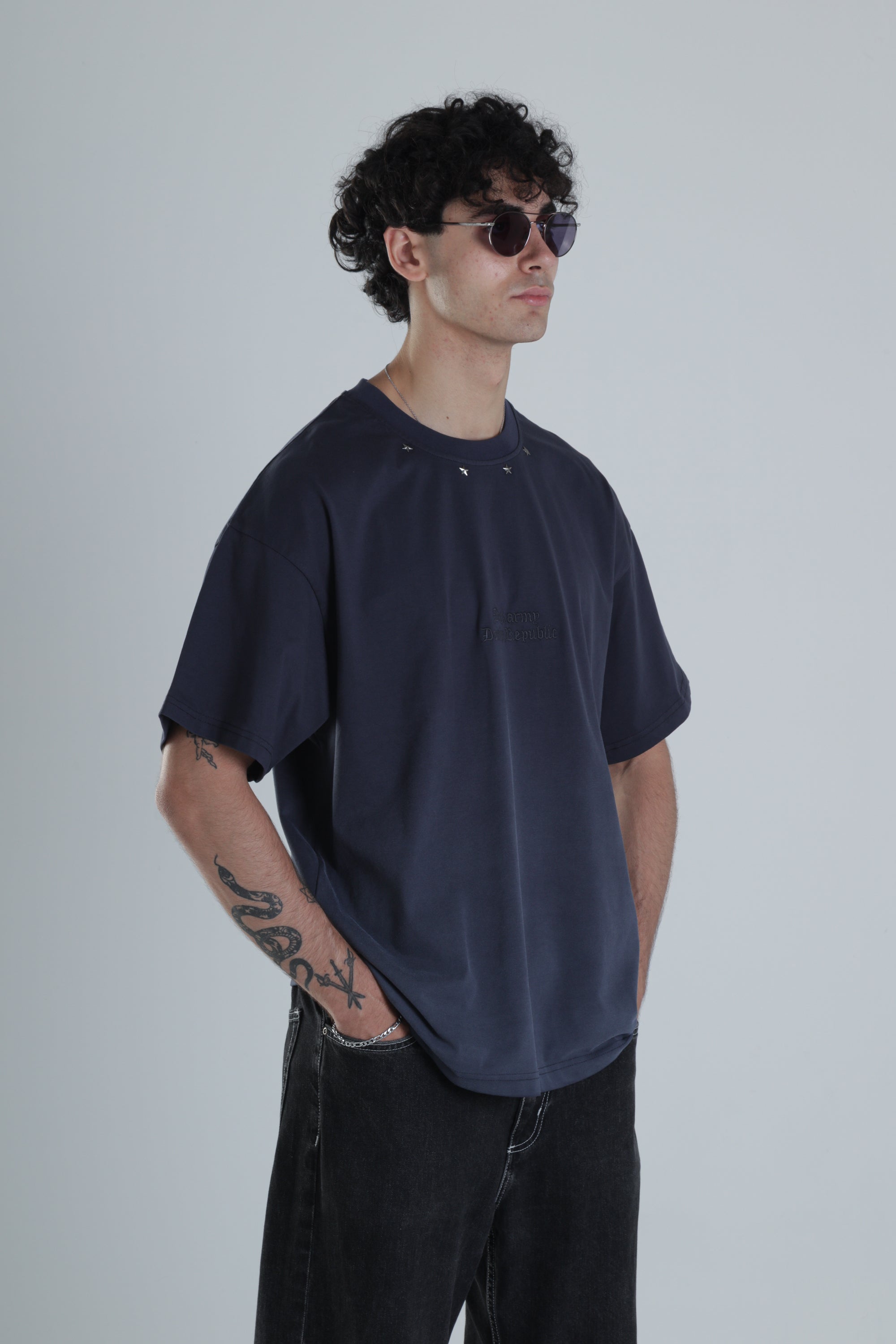 Lacivert Yıldız Detaylı Tasarım Oversize T-Shirt COC1393