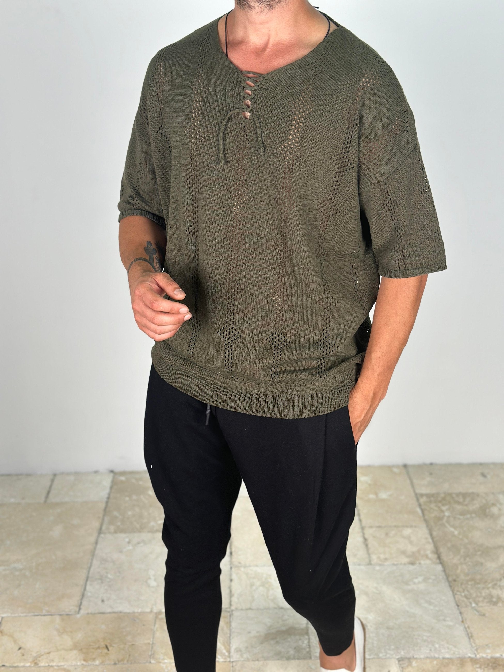 Lazer Kesim Örme Haki T-Shirt COC2021