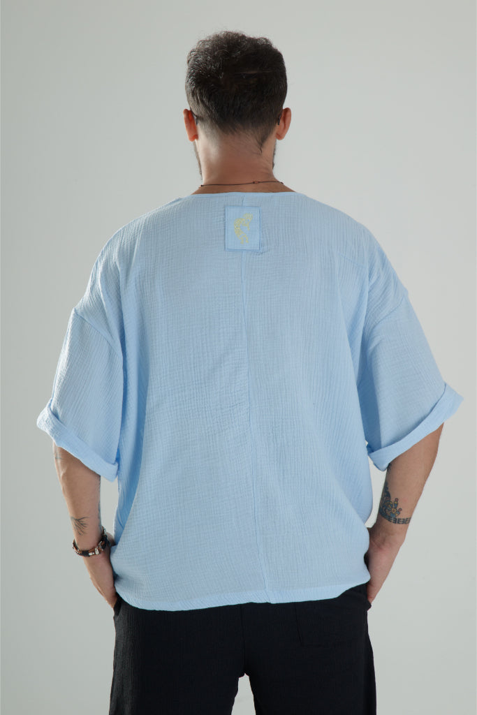 Mavi Müslin Kumaş Oversize Fakir Kol T-Shirt COC1101