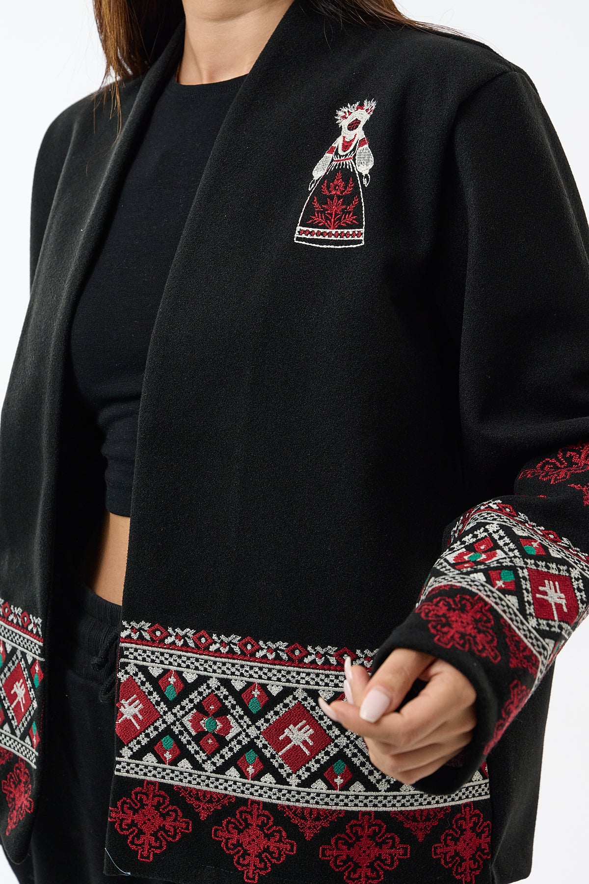 Nakış Detaylı Bohem Siyah Kimono Kadın Ceket COC3630
