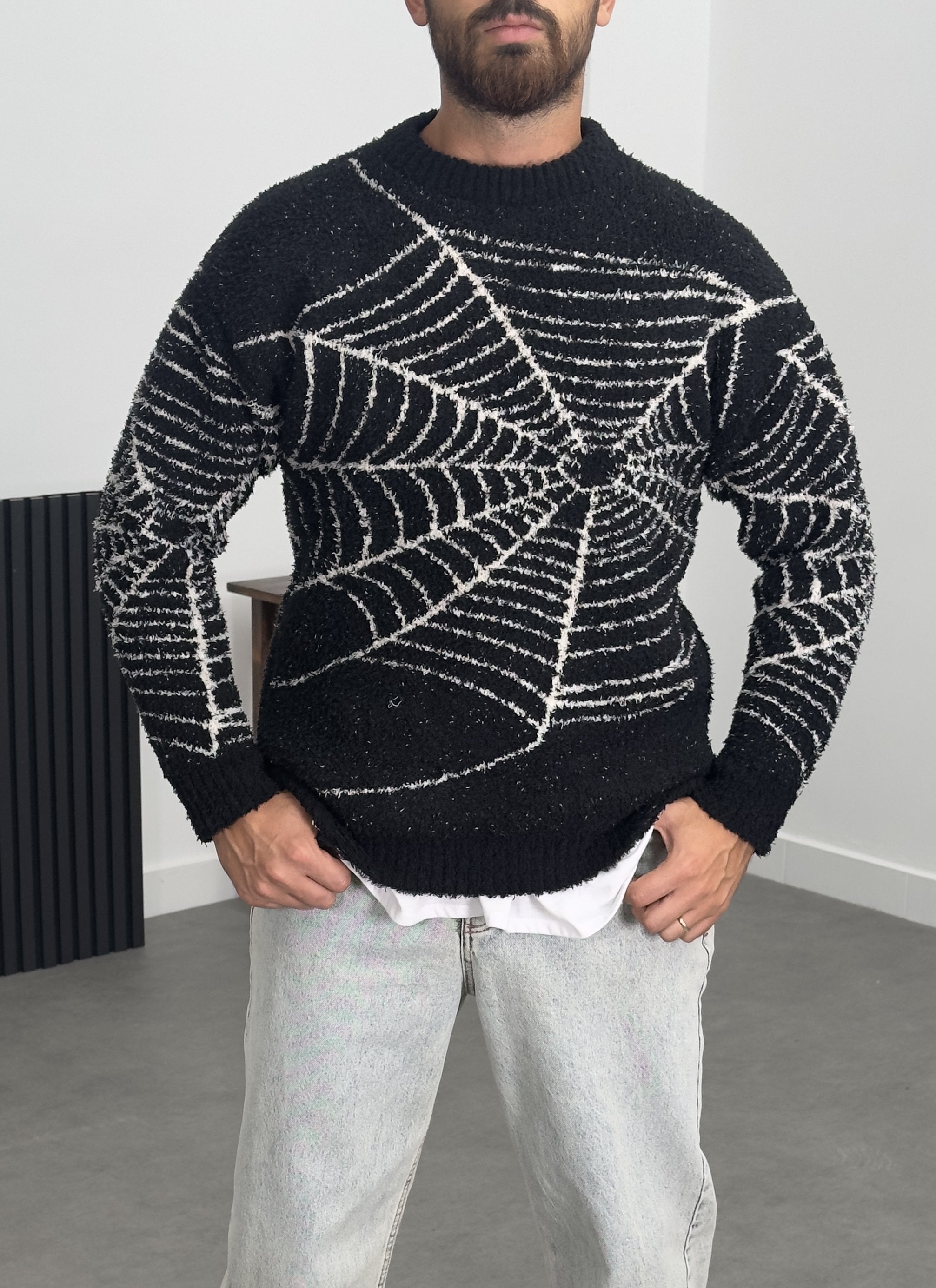 Örümcek Ağı Desenli Siyah Erkek Peluş Sweatshirt COC1200