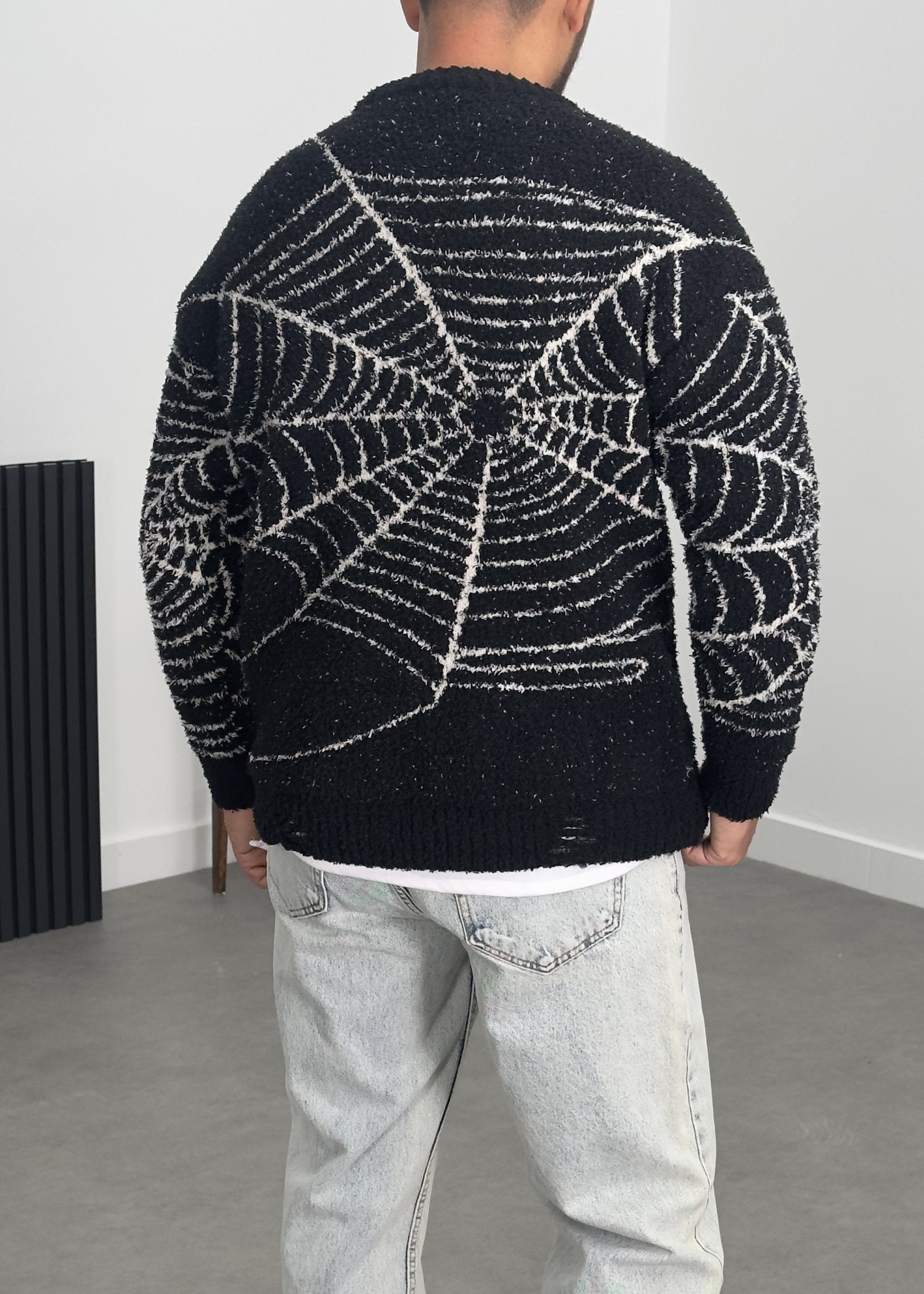 Örümcek Ağı Desenli Siyah Erkek Peluş Sweatshirt COC1200