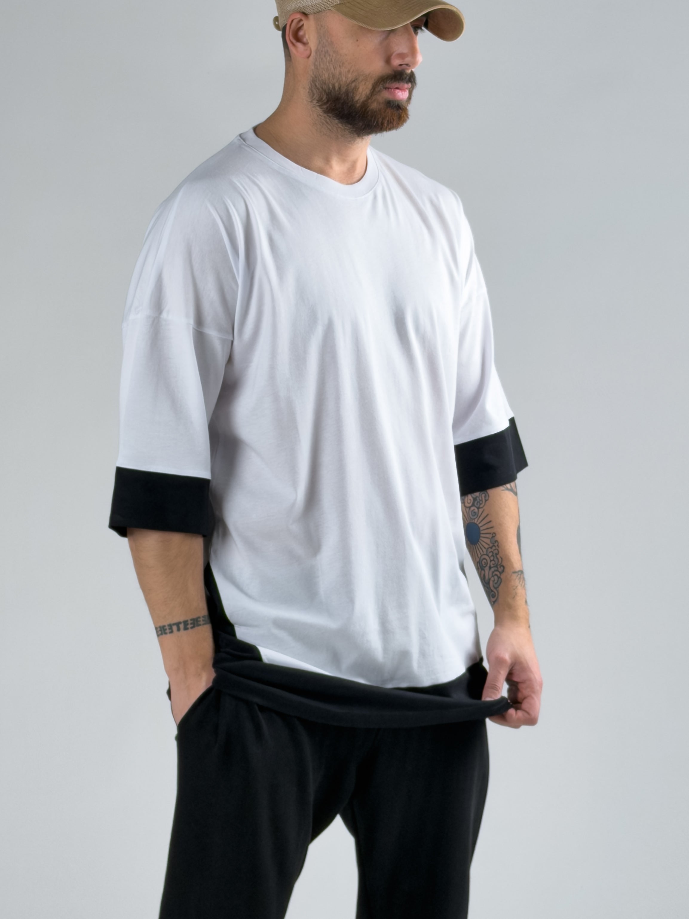 Oversize Beyaz - Siyah Erkek T-Shirt COC3072