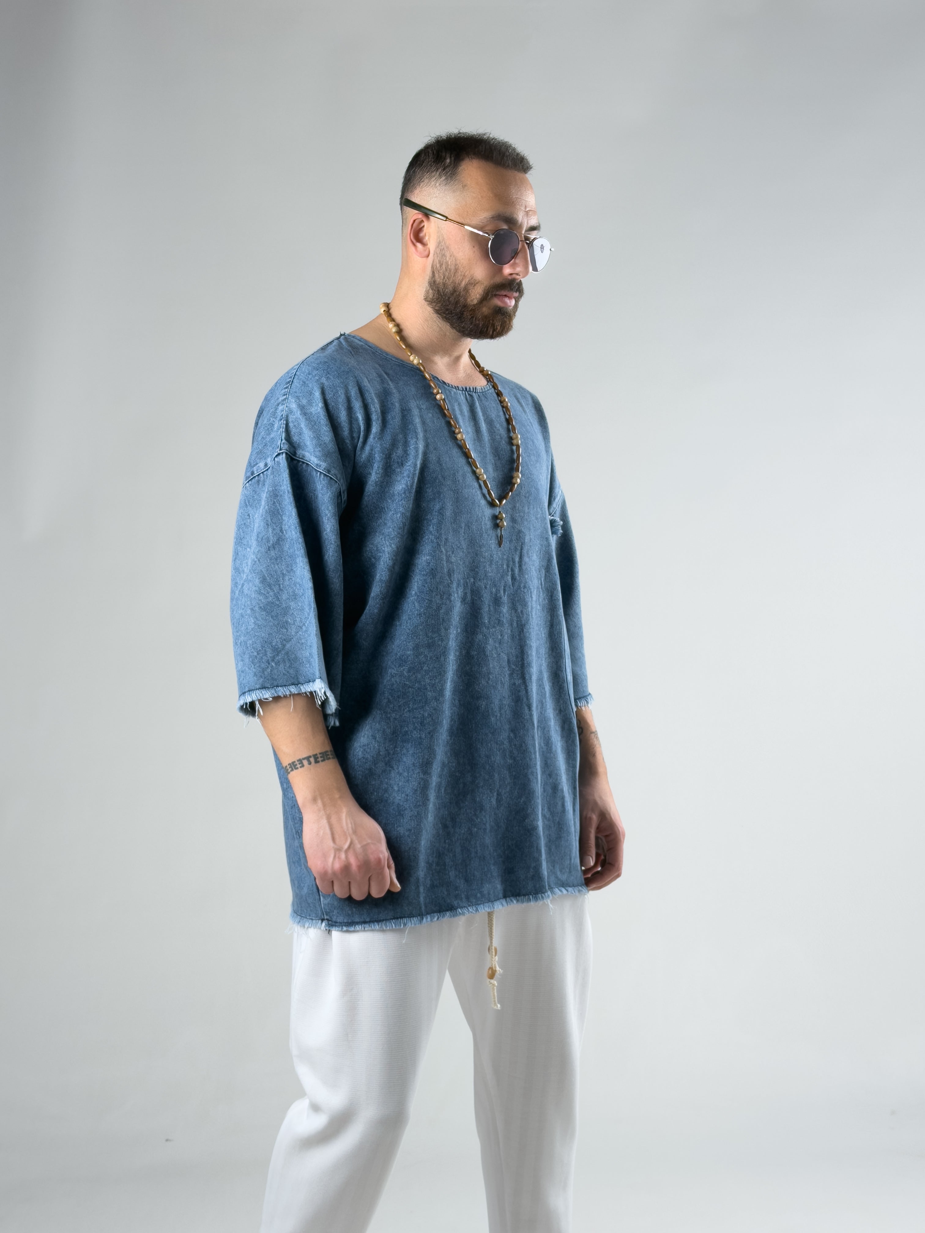 Oversize Denim Erkek Fakir Kol T-Shirt COC3083
