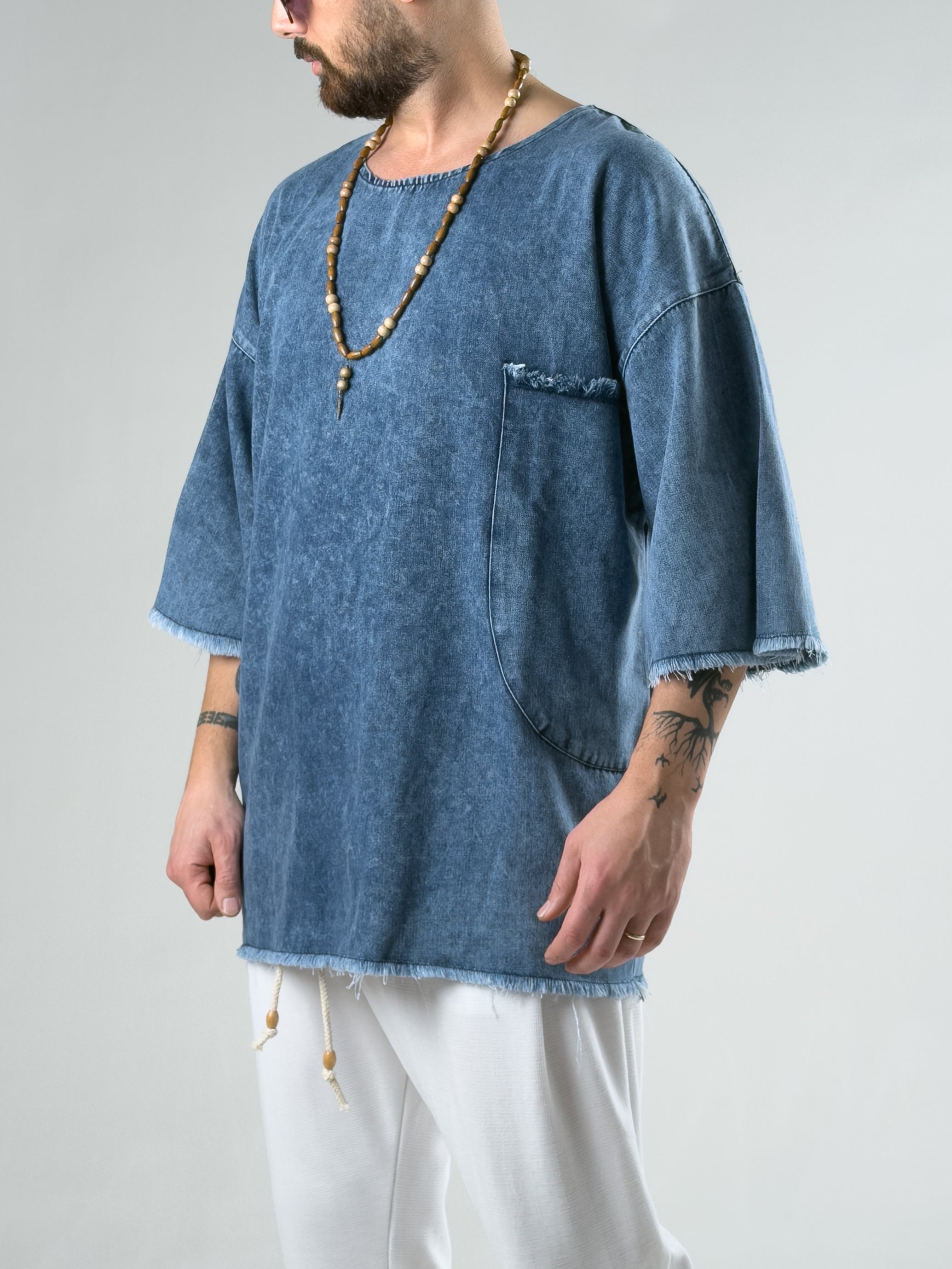 Oversize Denim Erkek Fakir Kol T-Shirt COC3083