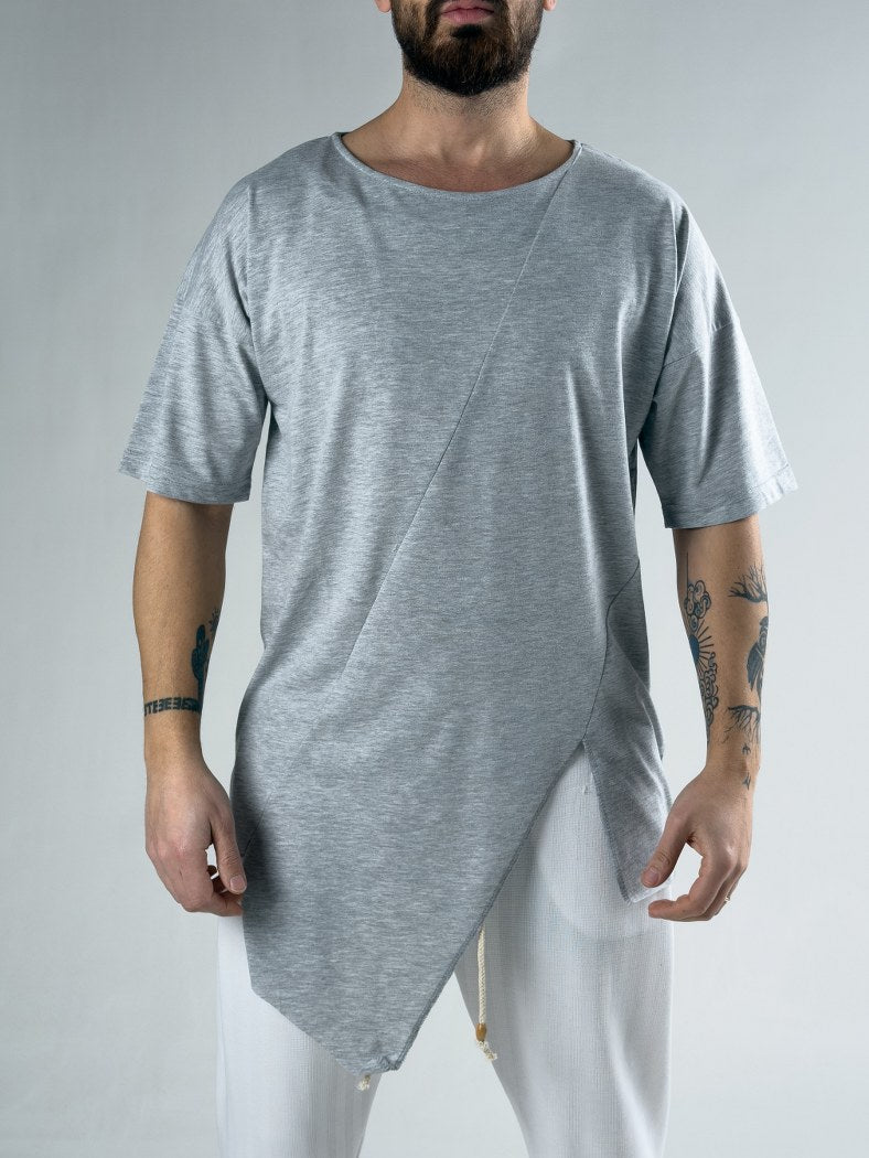 Oversize Gri Erkek Asimetrik T-Shirt COC3115