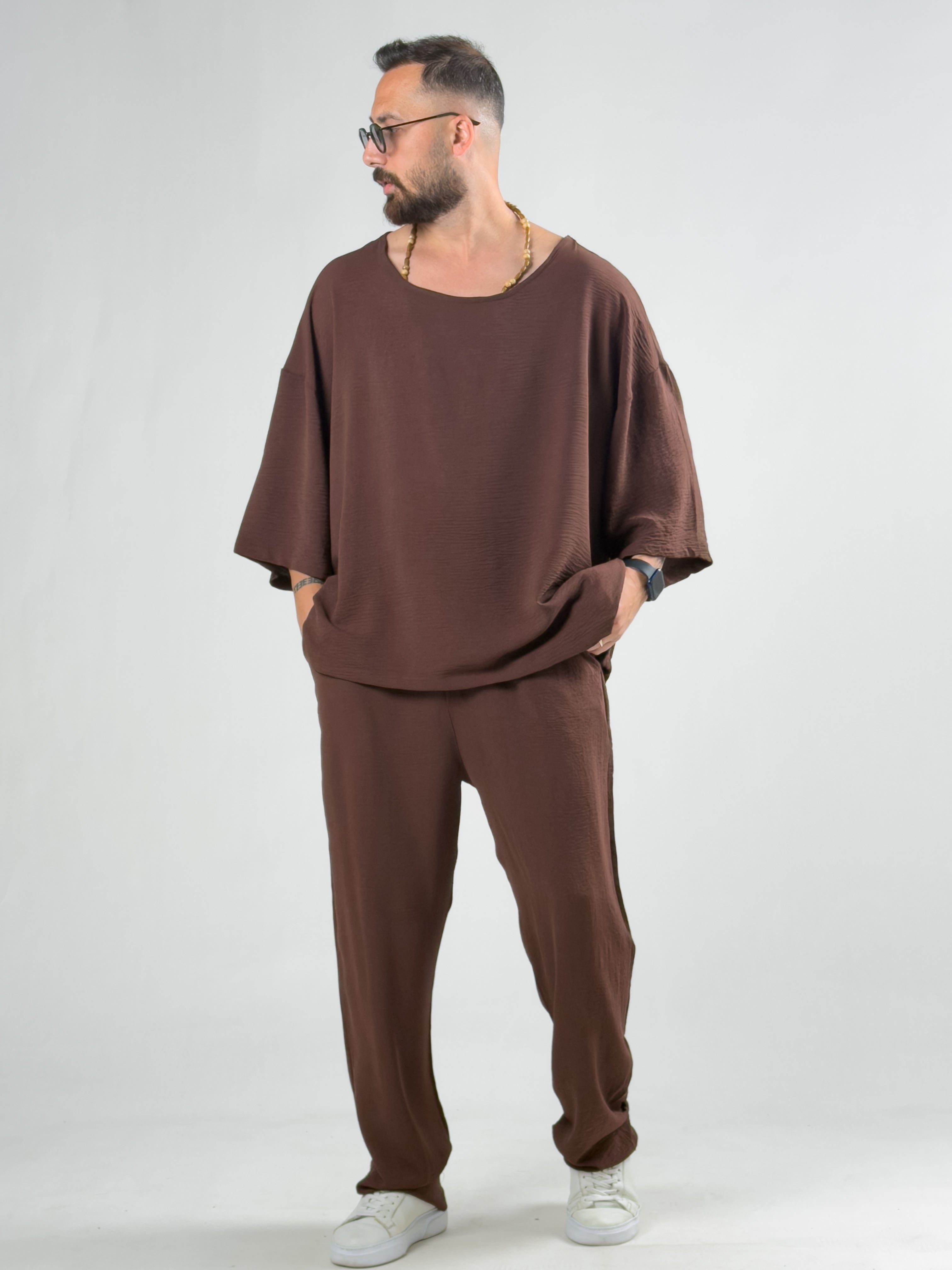 Oversize Kahverengi Keten Takım COC3203