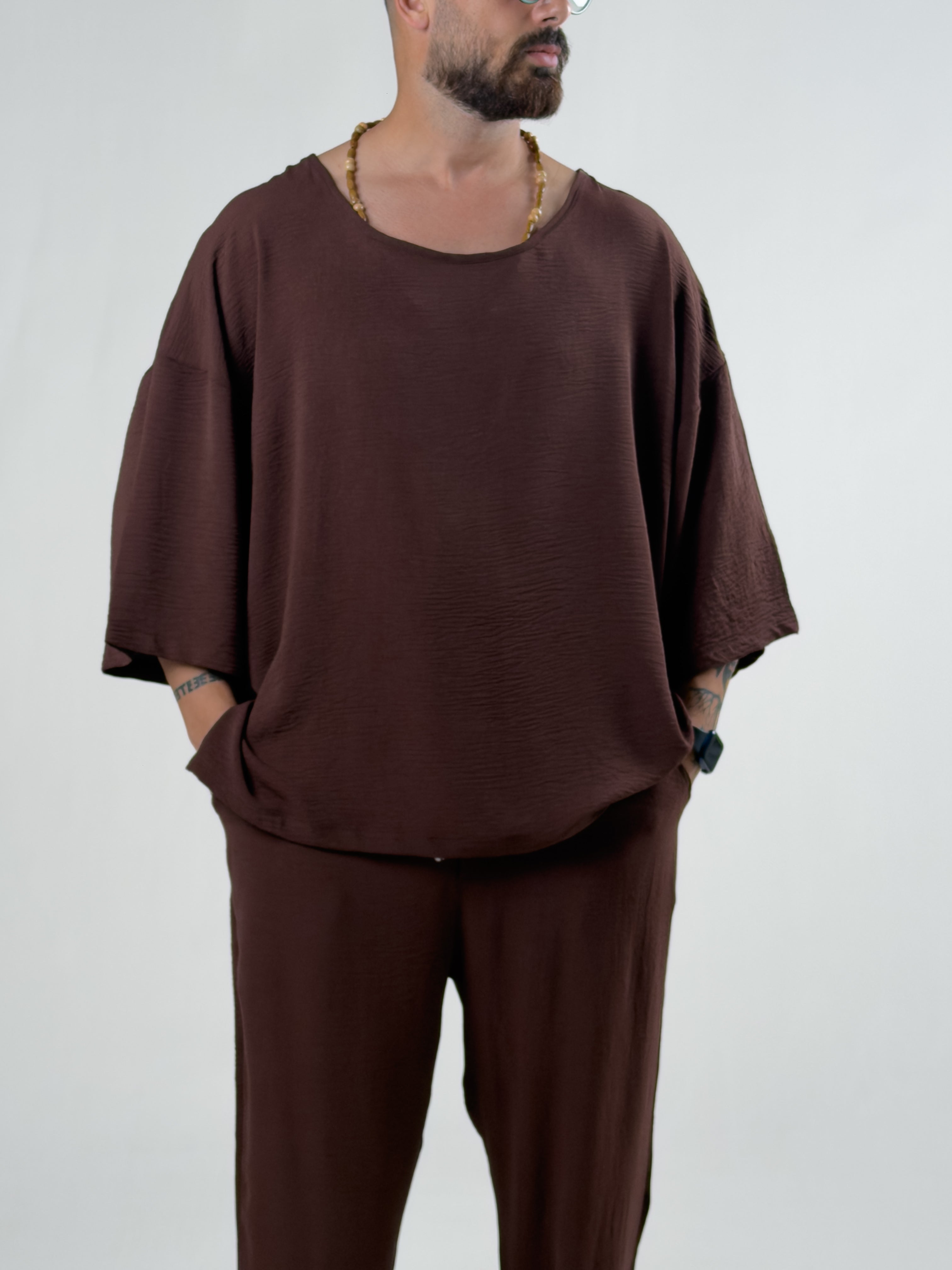 Oversize Kahverengi Keten Takım COC3203