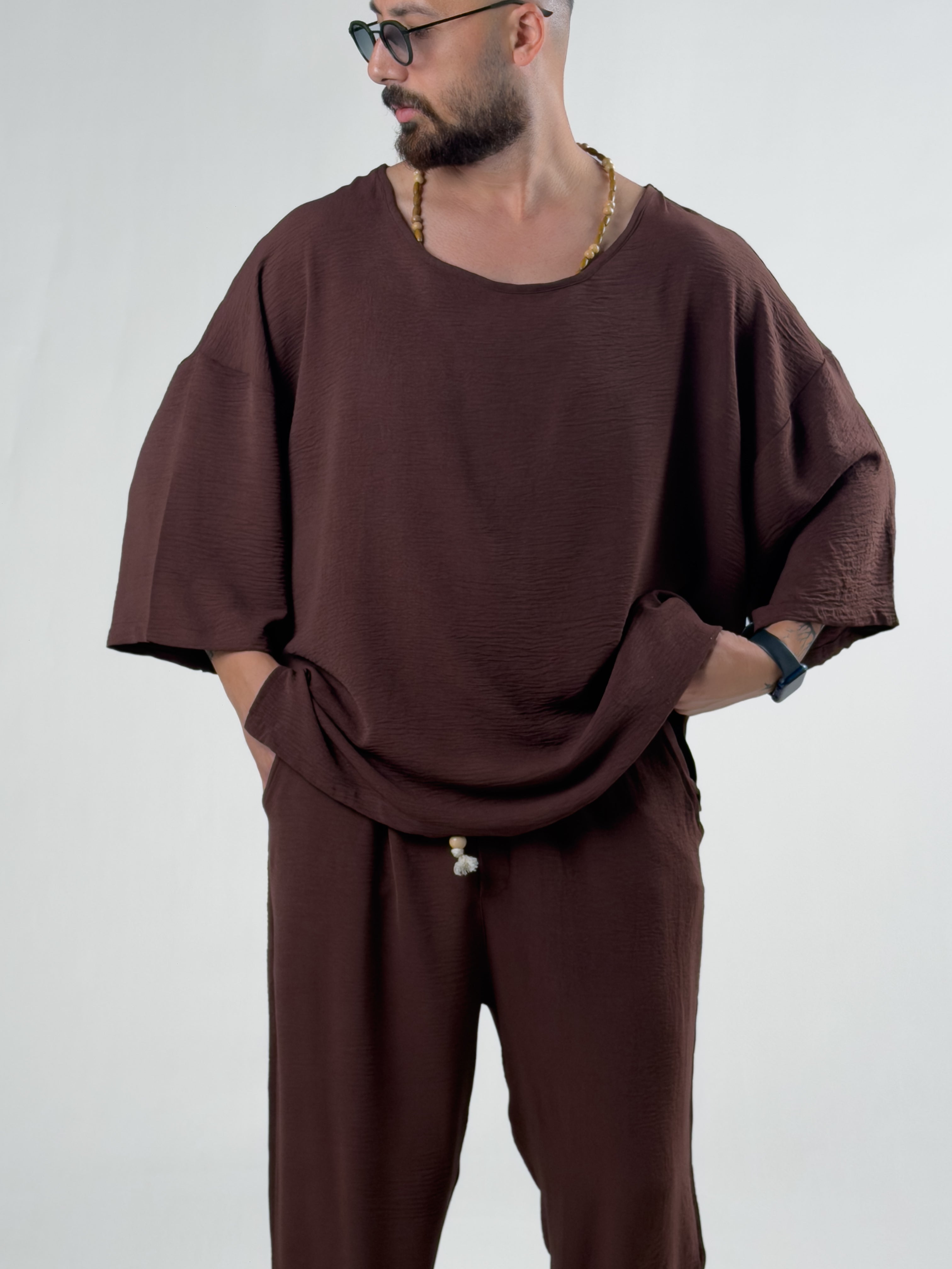 Oversize Kahverengi Keten Takım COC3203