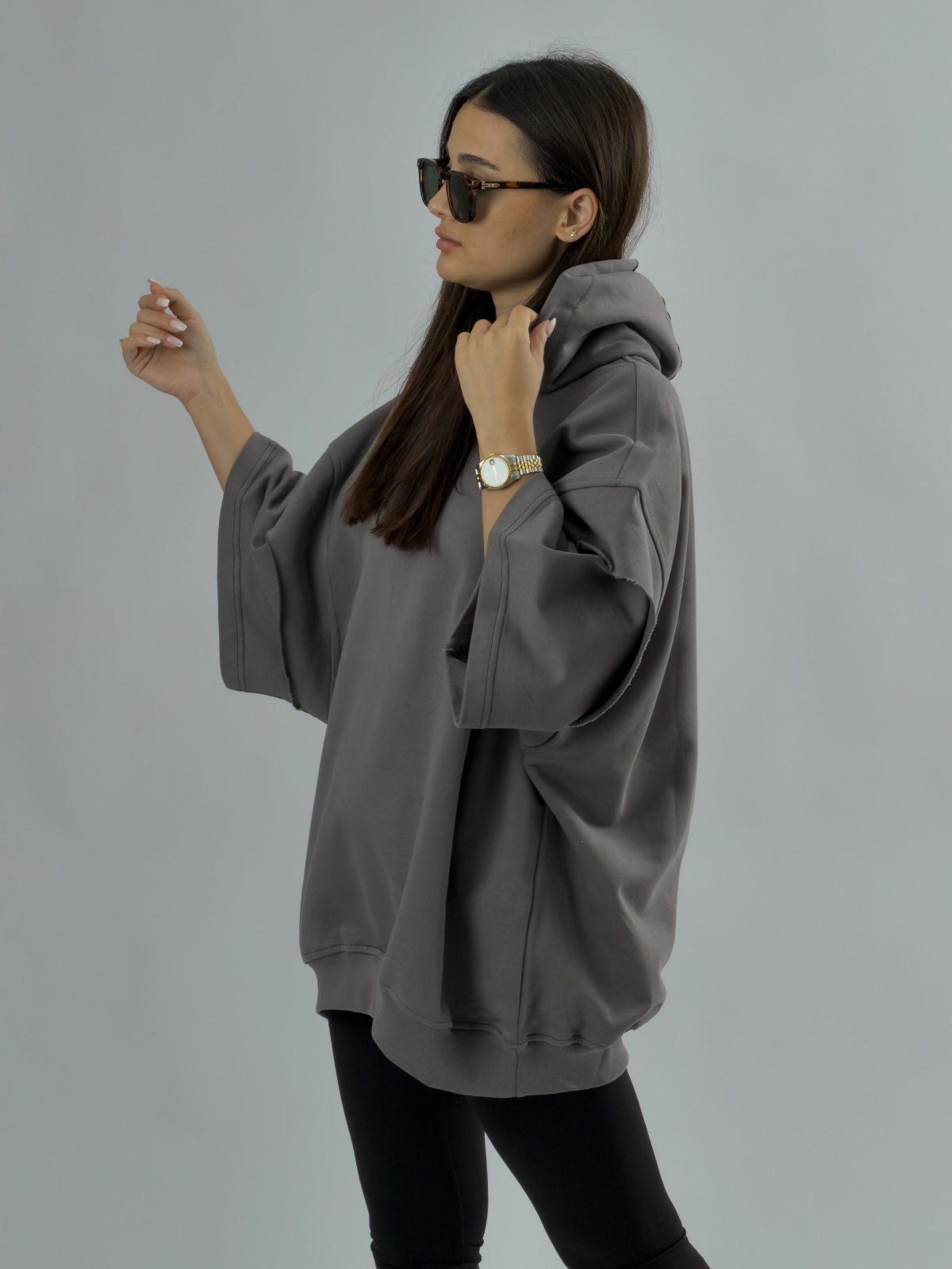 Oversize Kapüşonlu Antrasit Kadın Hoodie COC3499