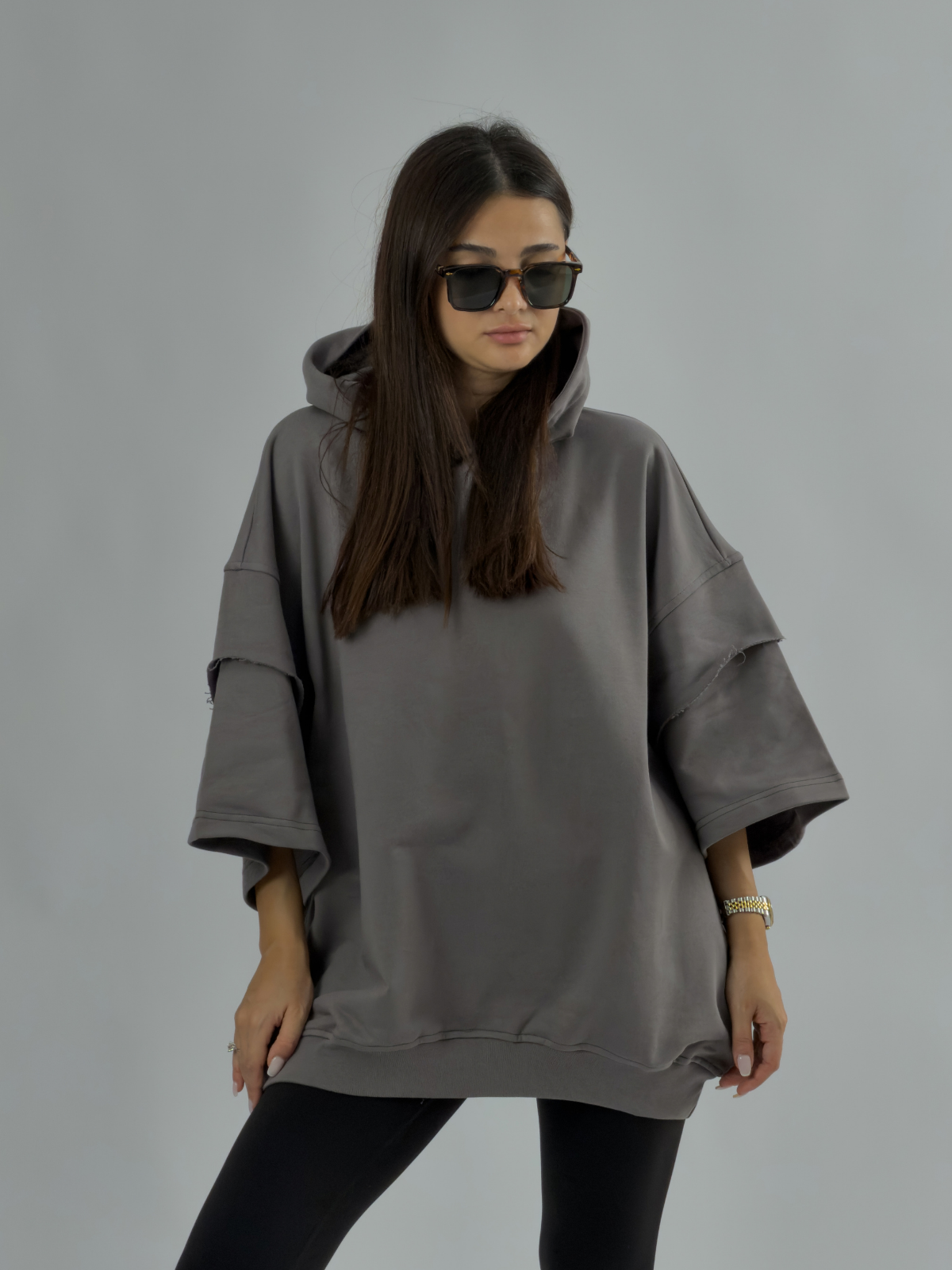 Oversize Kapüşonlu Antrasit Kadın Hoodie COC3499