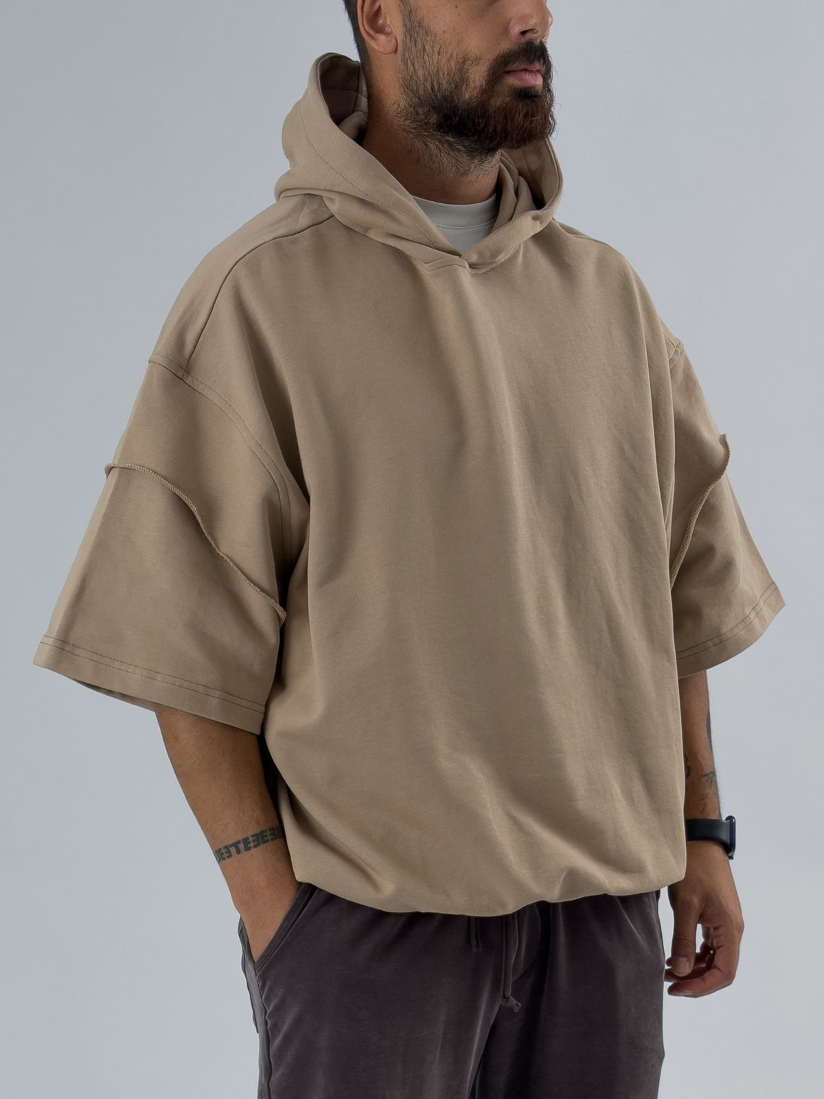 Oversize Kapüşonlu Bej Erkek Hoodie COC3479