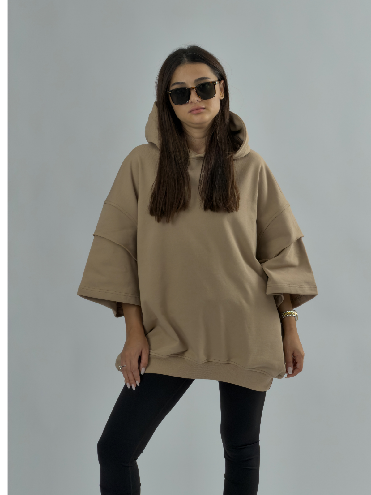 Oversize Kapüşonlu Bej Kadın Hoodie COC3498