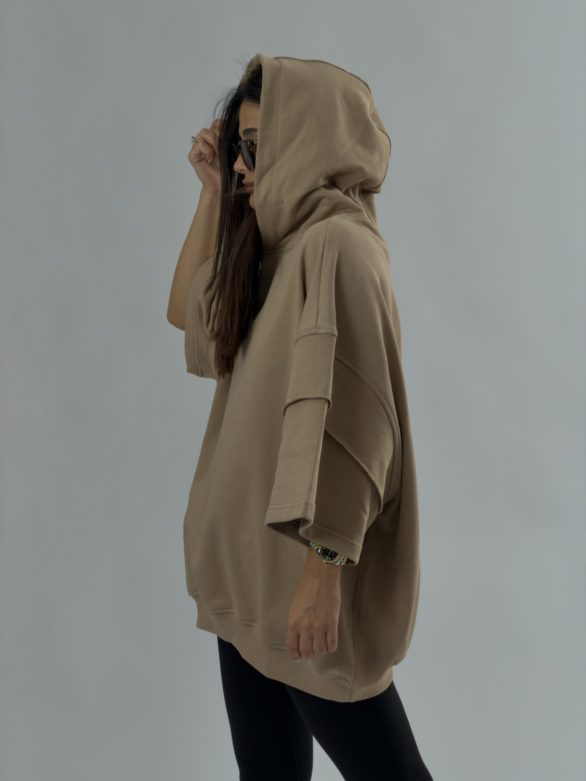 Oversize Kapüşonlu Bej Kadın Hoodie COC3498