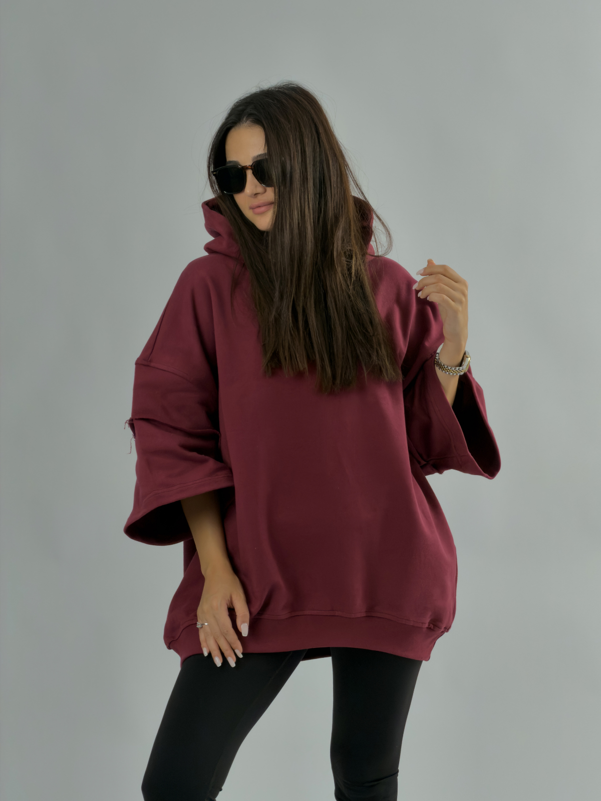 Oversize Kapüşonlu Bordo Kadın Hoodie COC3496