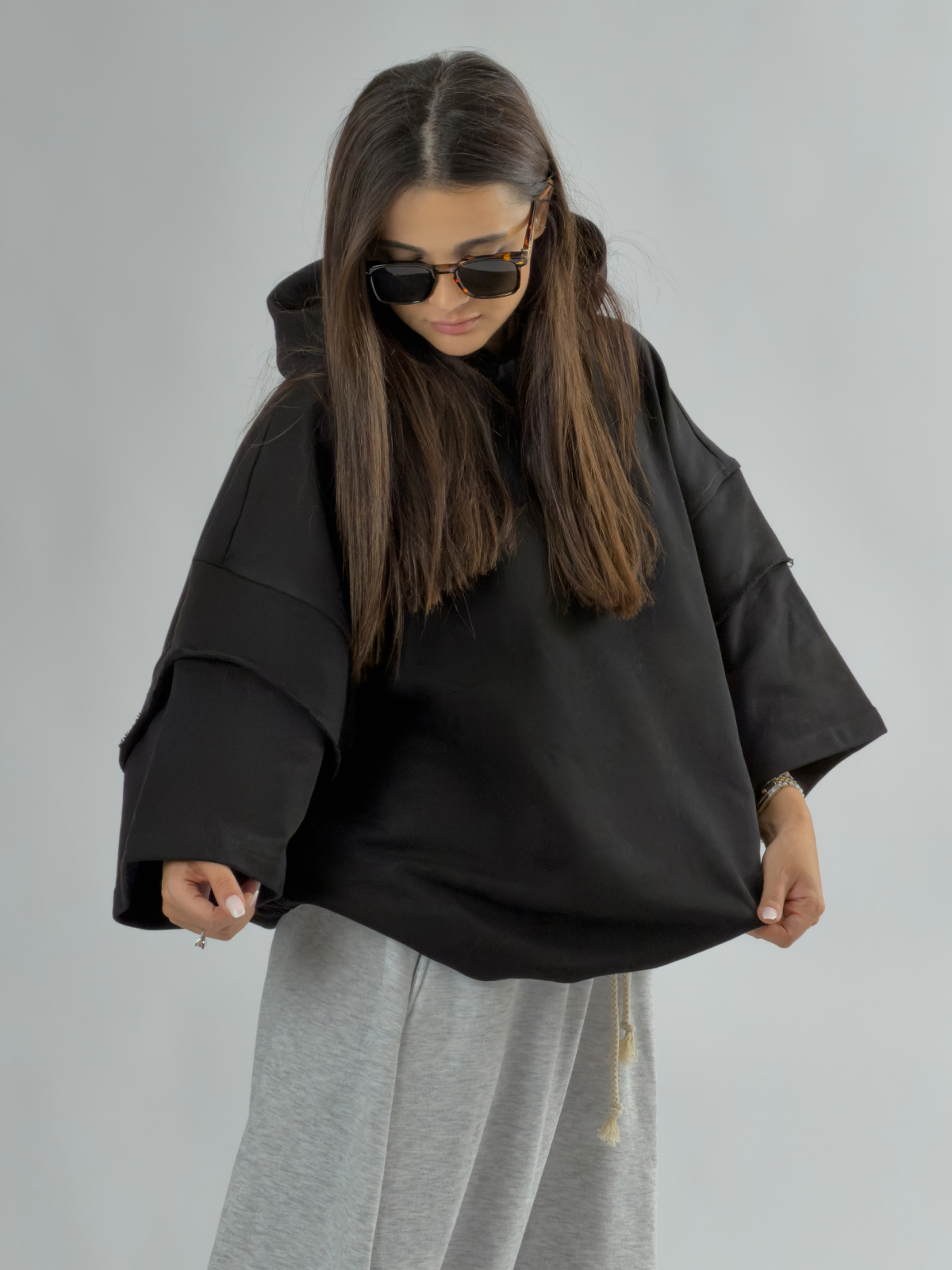 Oversize Kapüşonlu Siyah Kadın Hoodie COC3497