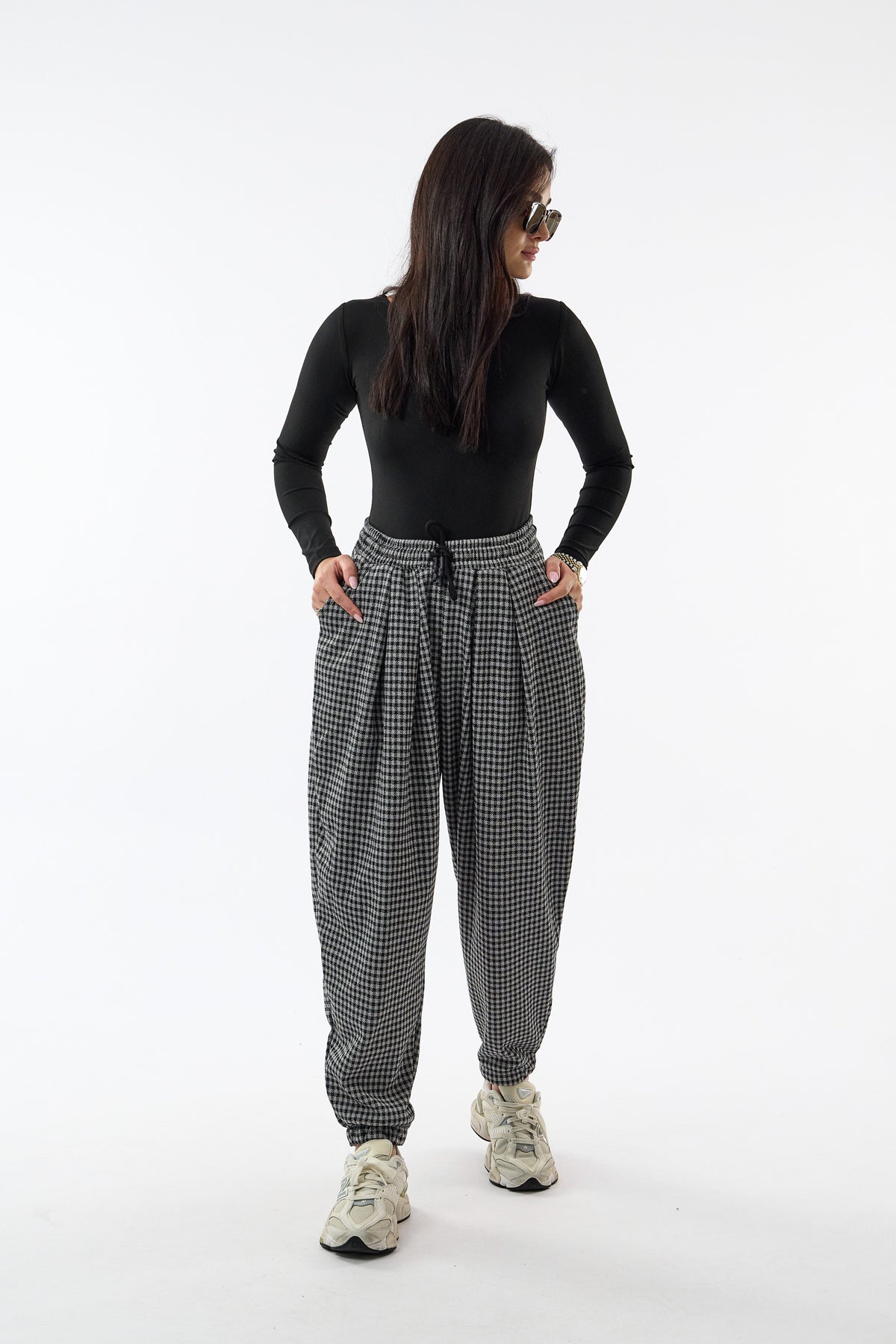 Oxford Ekose Gri Şalvar Kadın Pantolon COC3722