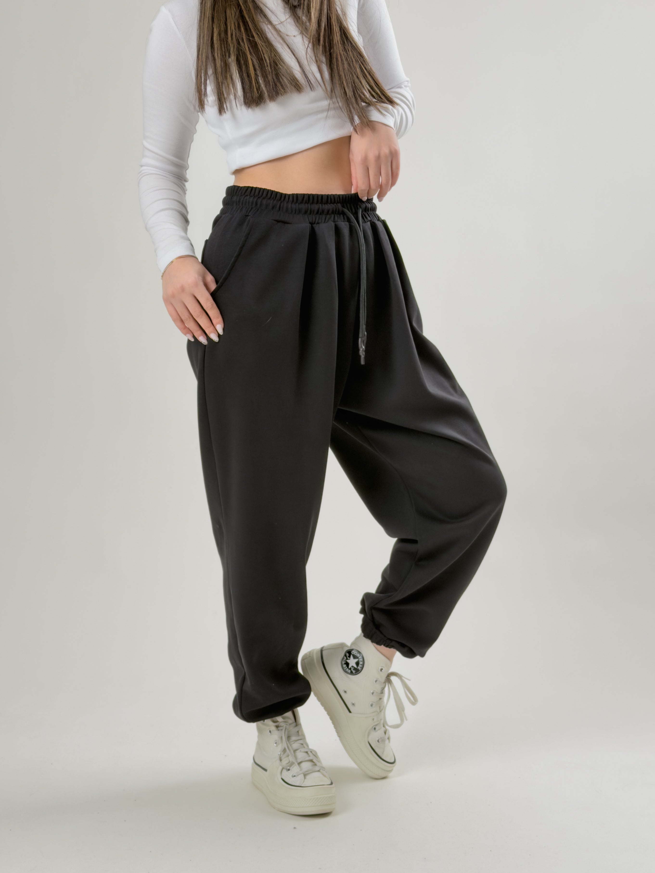 Paça Lastikli Pileli Siyah Jogger Pantolon COC2081