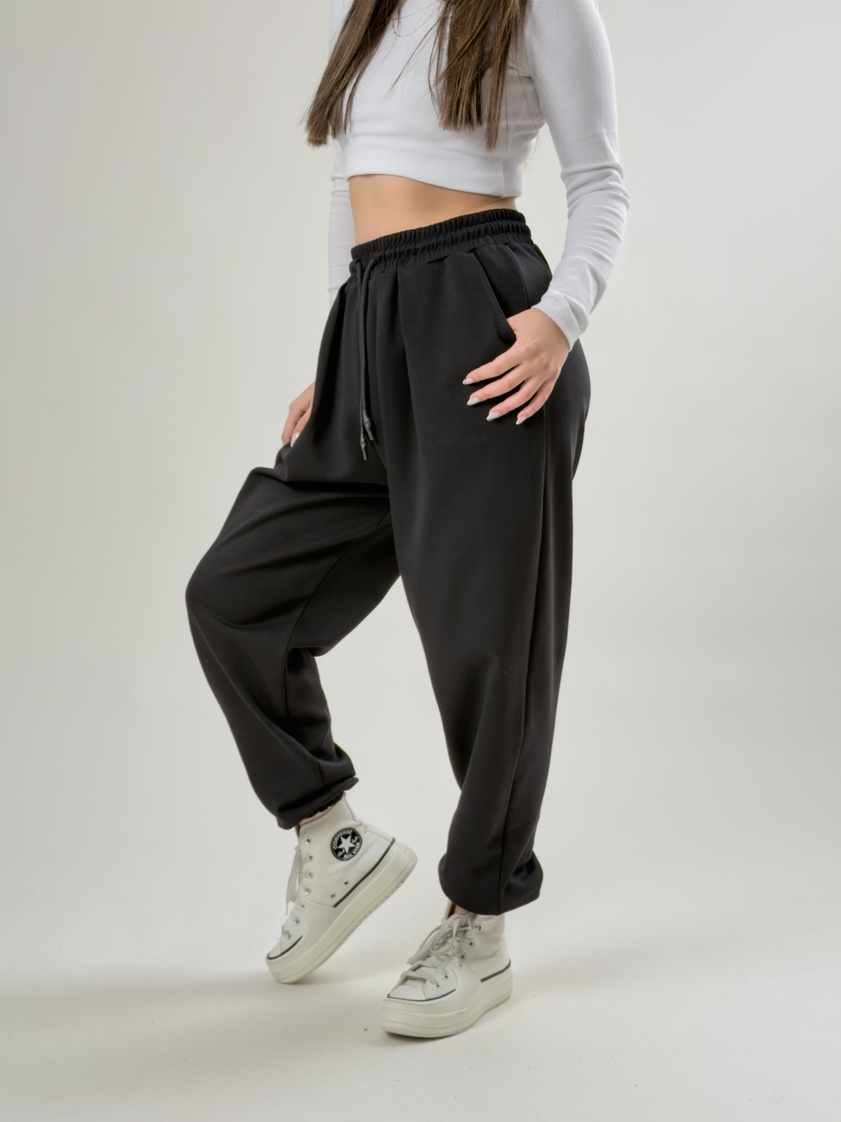 Paça Lastikli Pileli Siyah Jogger Pantolon COC2081