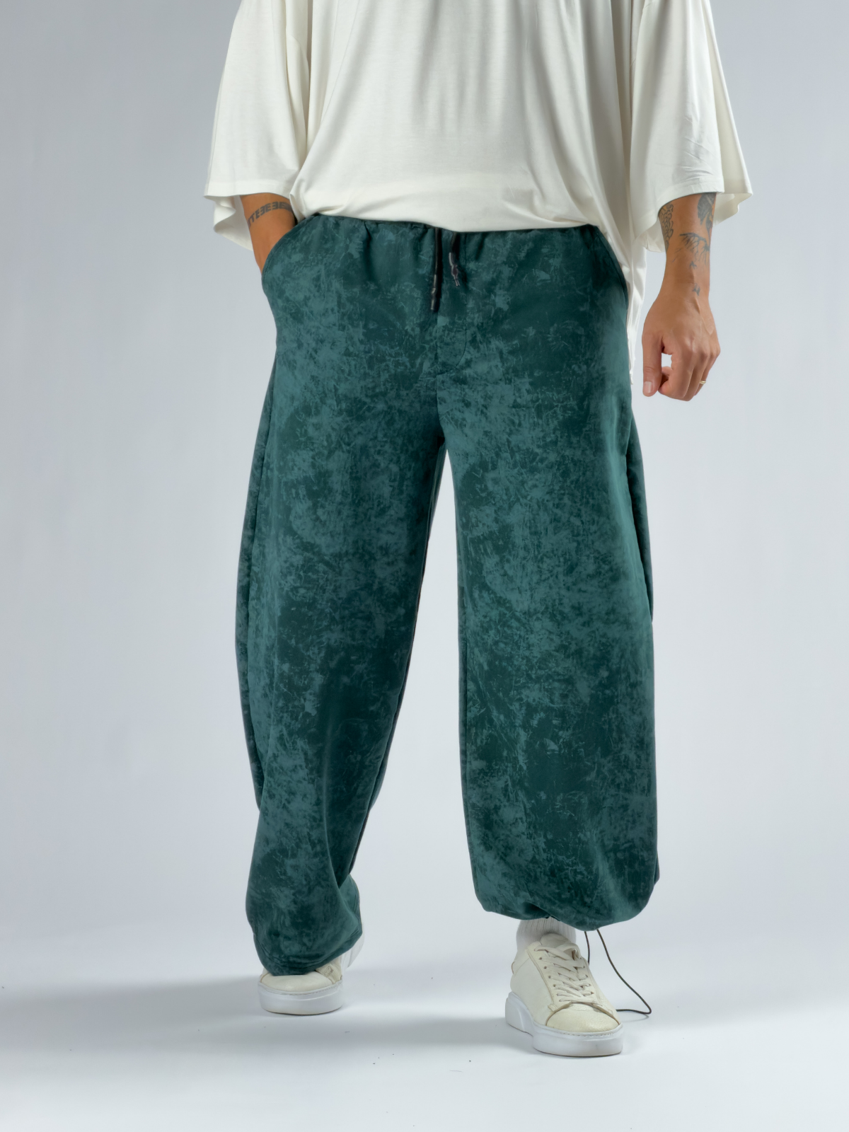 Paça Ayarlamalı Desenli Yeşil Erkek Baggy Pantolon COC3355