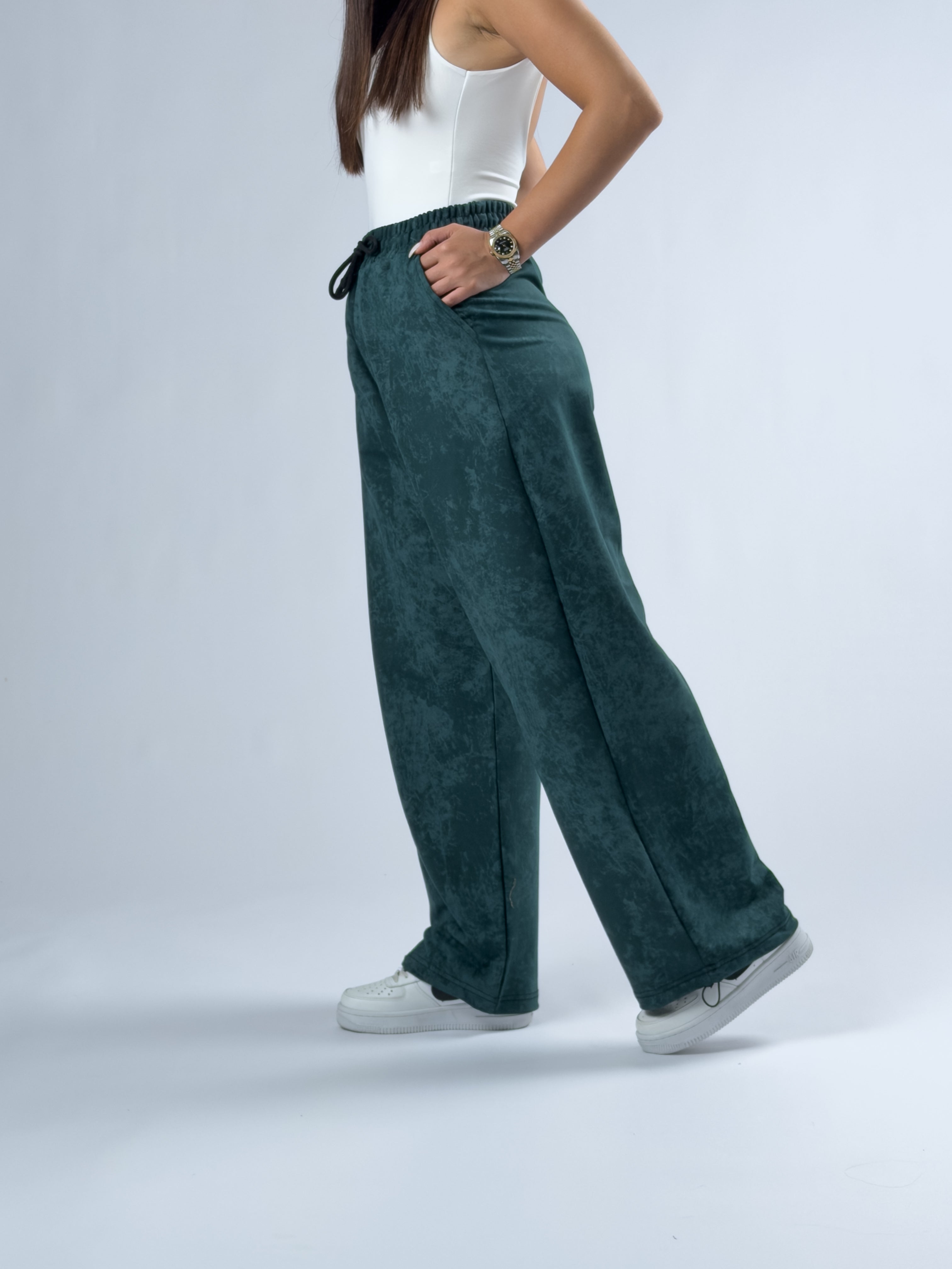 Paça Ayarlamalı Desenli Yeşil Kadın Baggy Pantolon COC3347