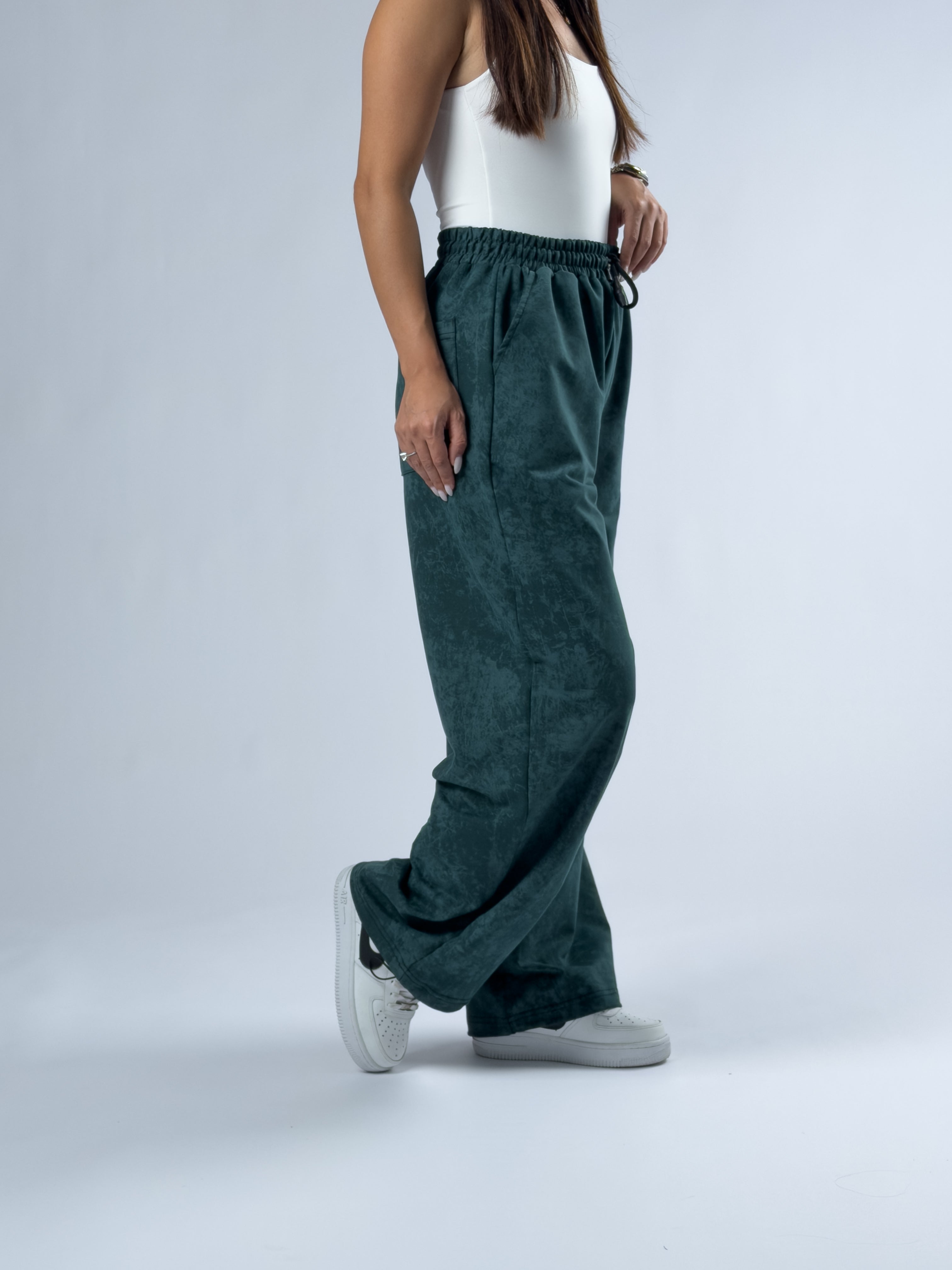 Paça Ayarlamalı Desenli Yeşil Kadın Baggy Pantolon COC3347