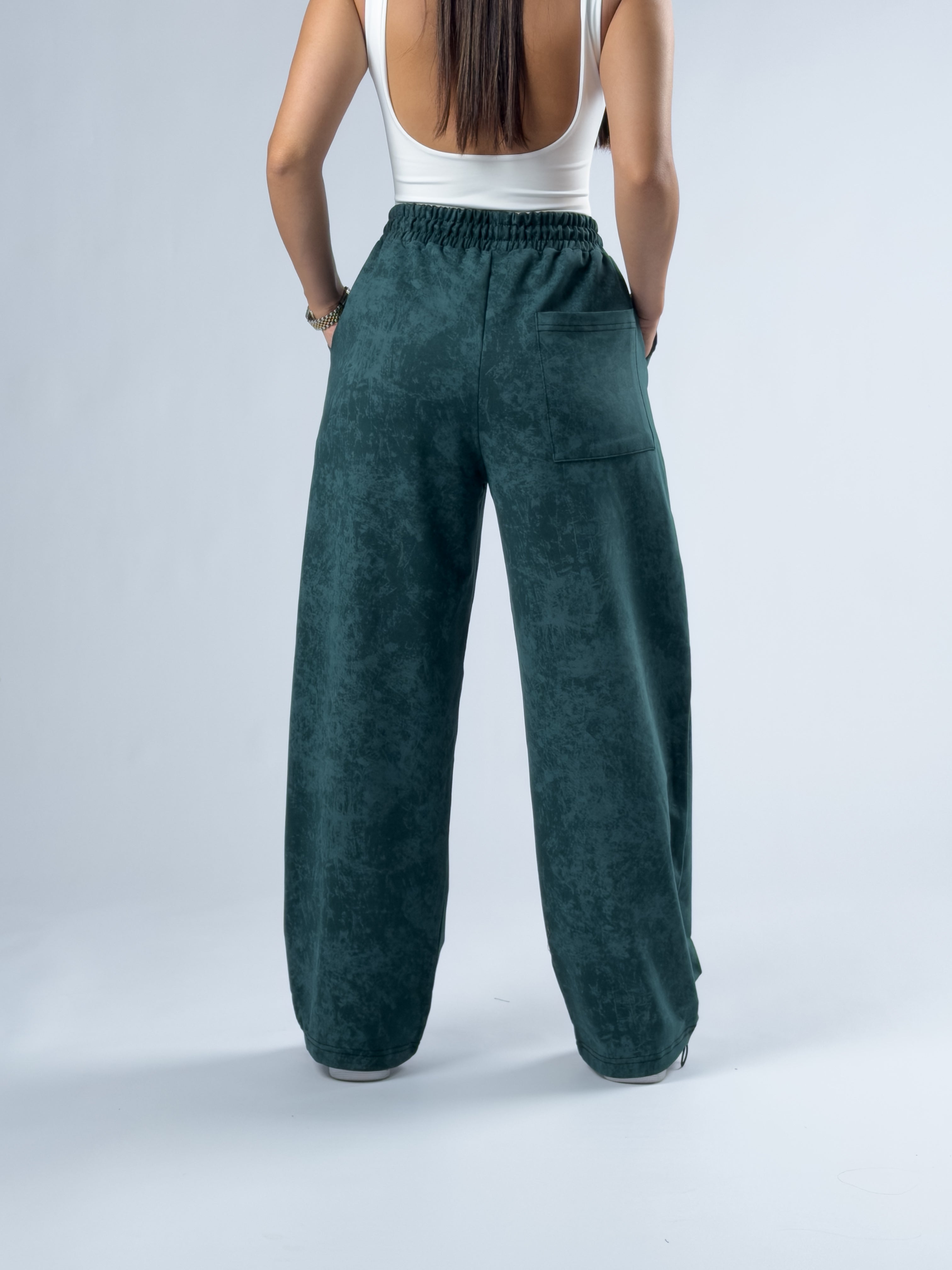 Paça Ayarlamalı Desenli Yeşil Kadın Baggy Pantolon COC3347