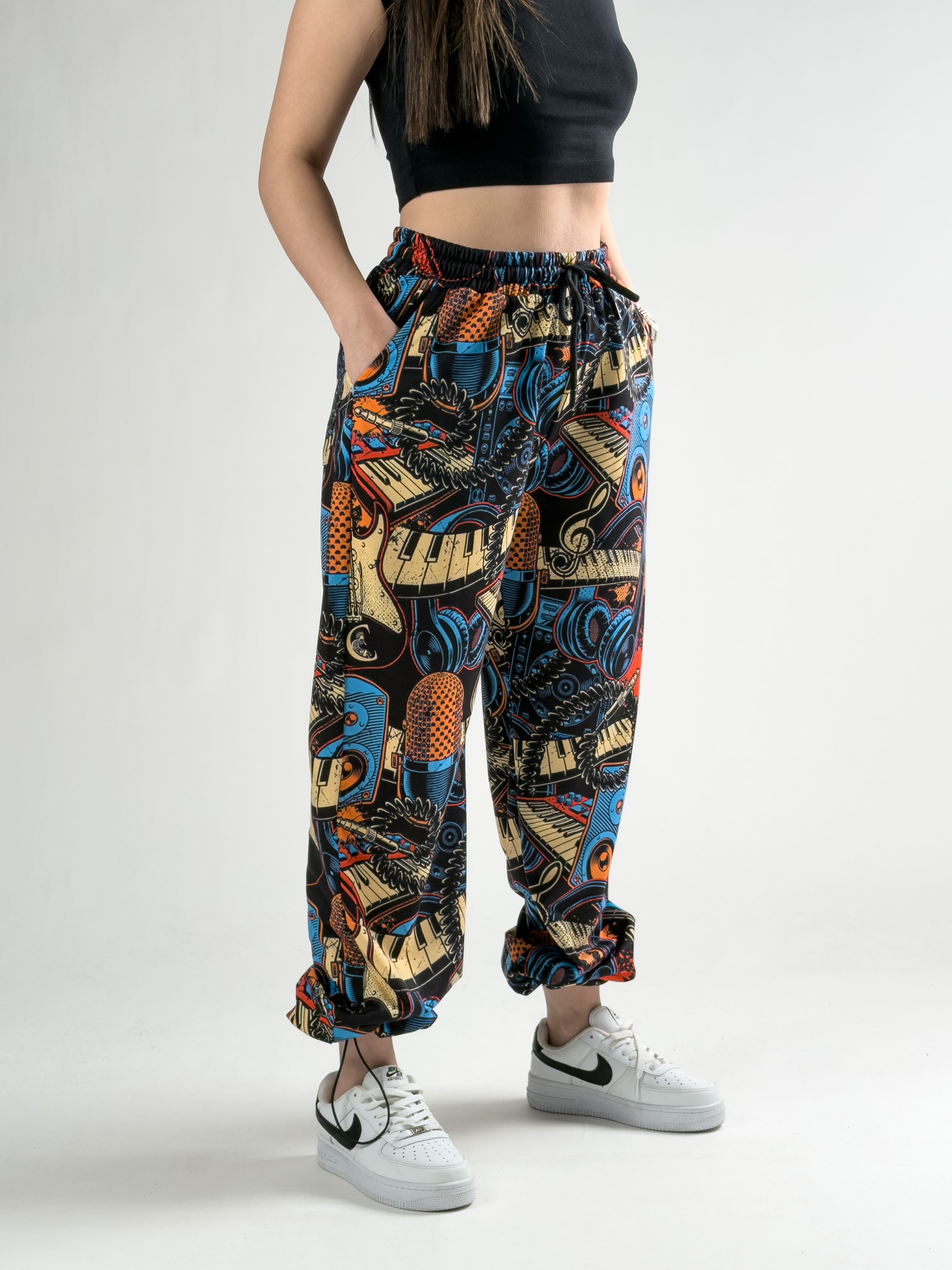 Paça Ayarlamalı Müzik Desenli Jogger Pantolon COC2805