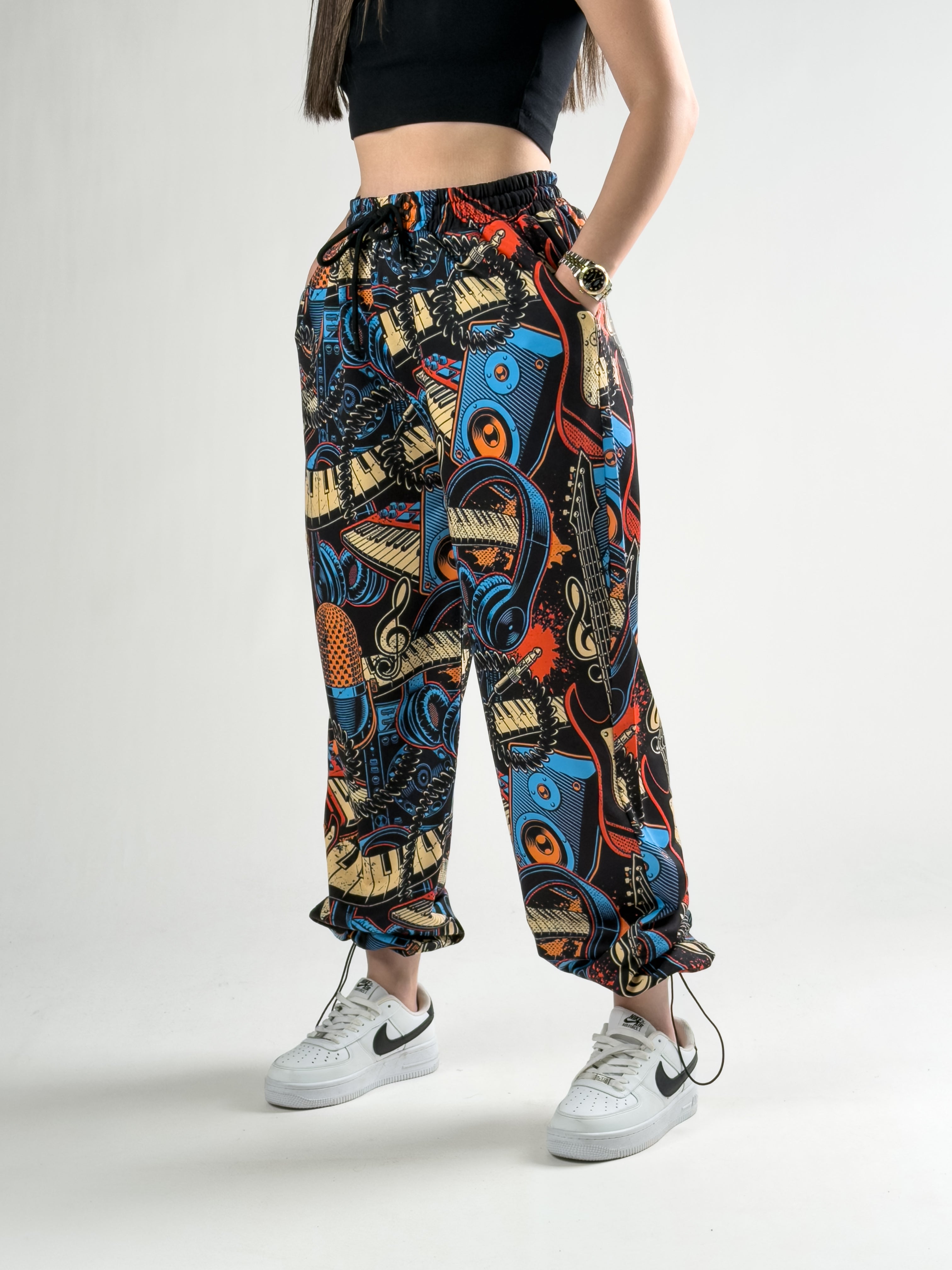 Paça Ayarlamalı Müzik Desenli Jogger Pantolon COC2805