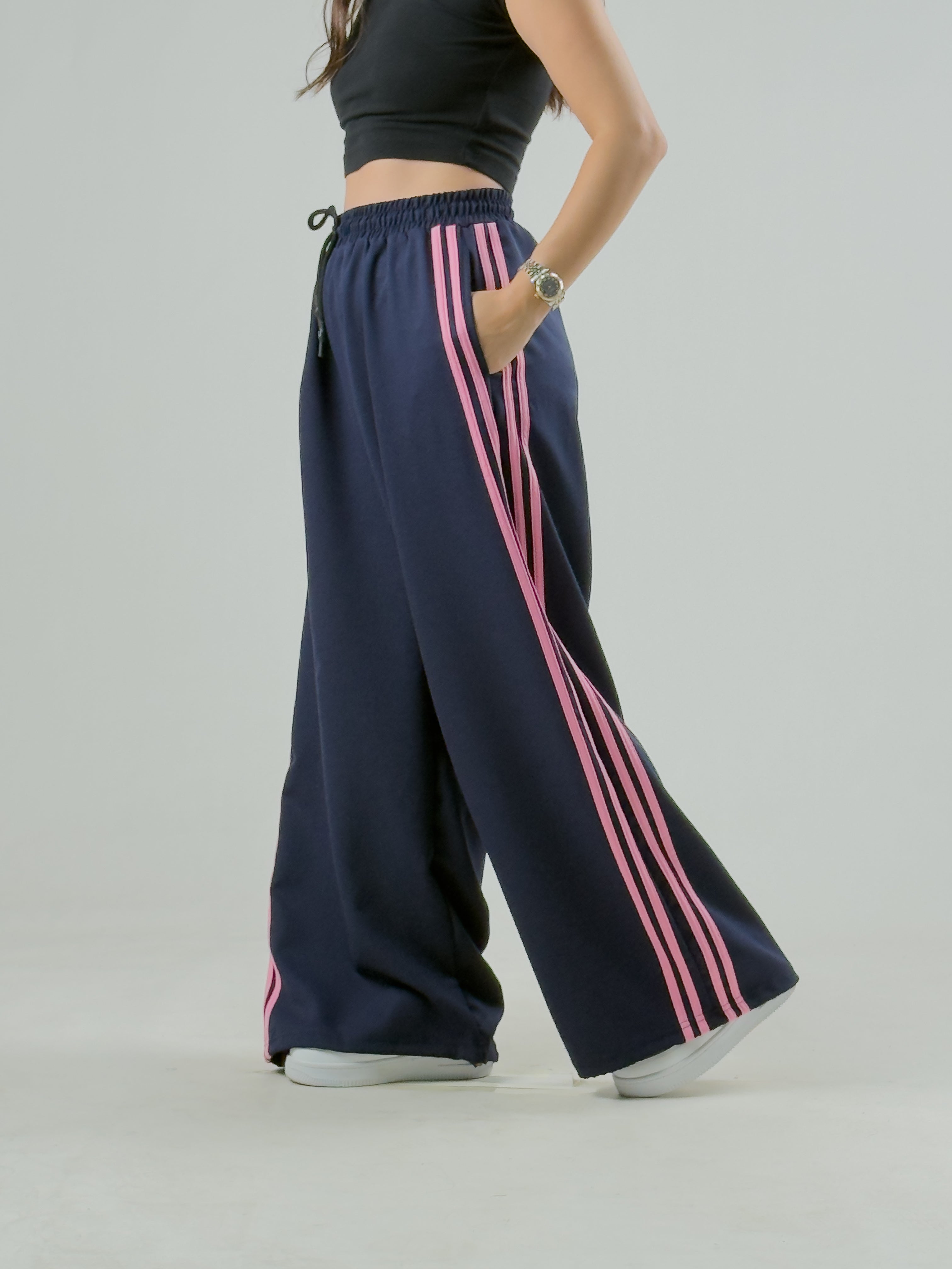 Paça Ayarlamalı Pembe Şeritli Lacivert Kadın Baggy Pantolon COC3323