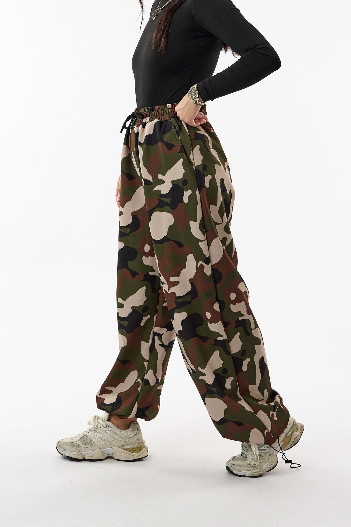 Paça Ayarlamalı Süper Oversize Kamuflaj Baggy Kadın Pantolon COC3766