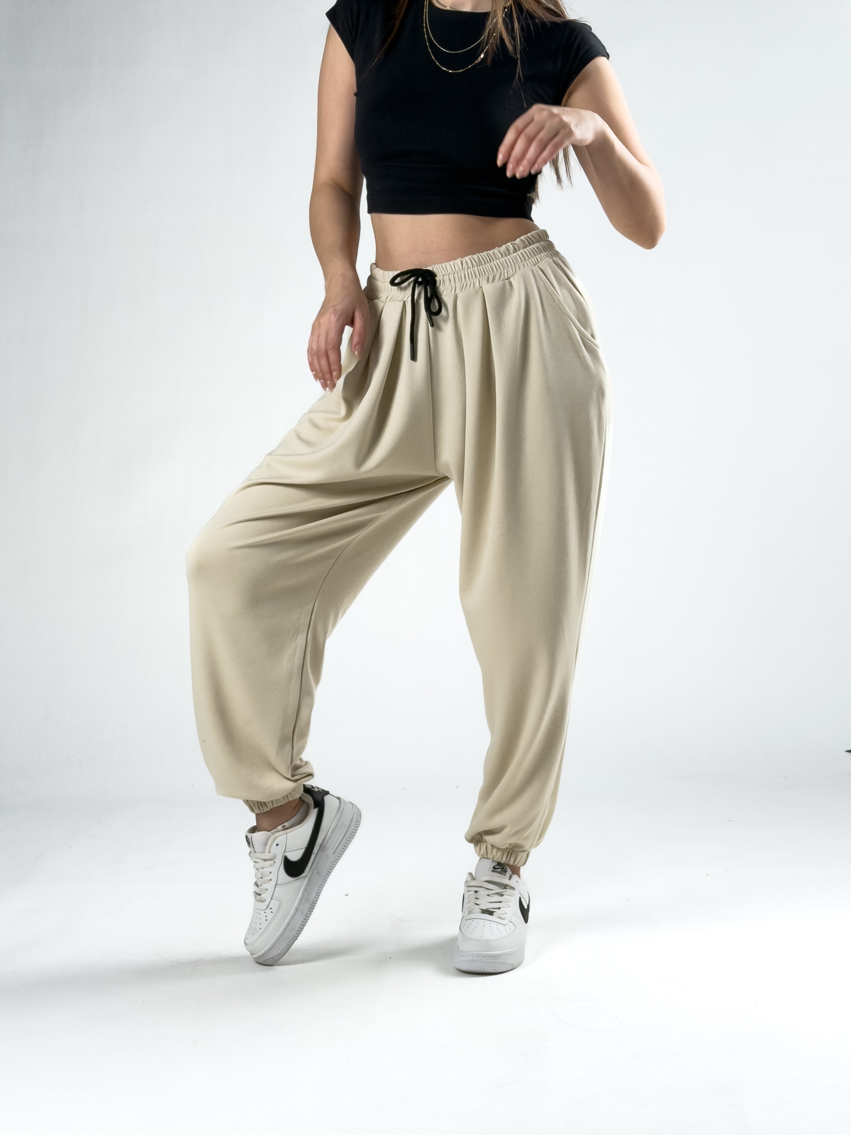 Pileli Bej Kadın Jogger Pantolon COC2843