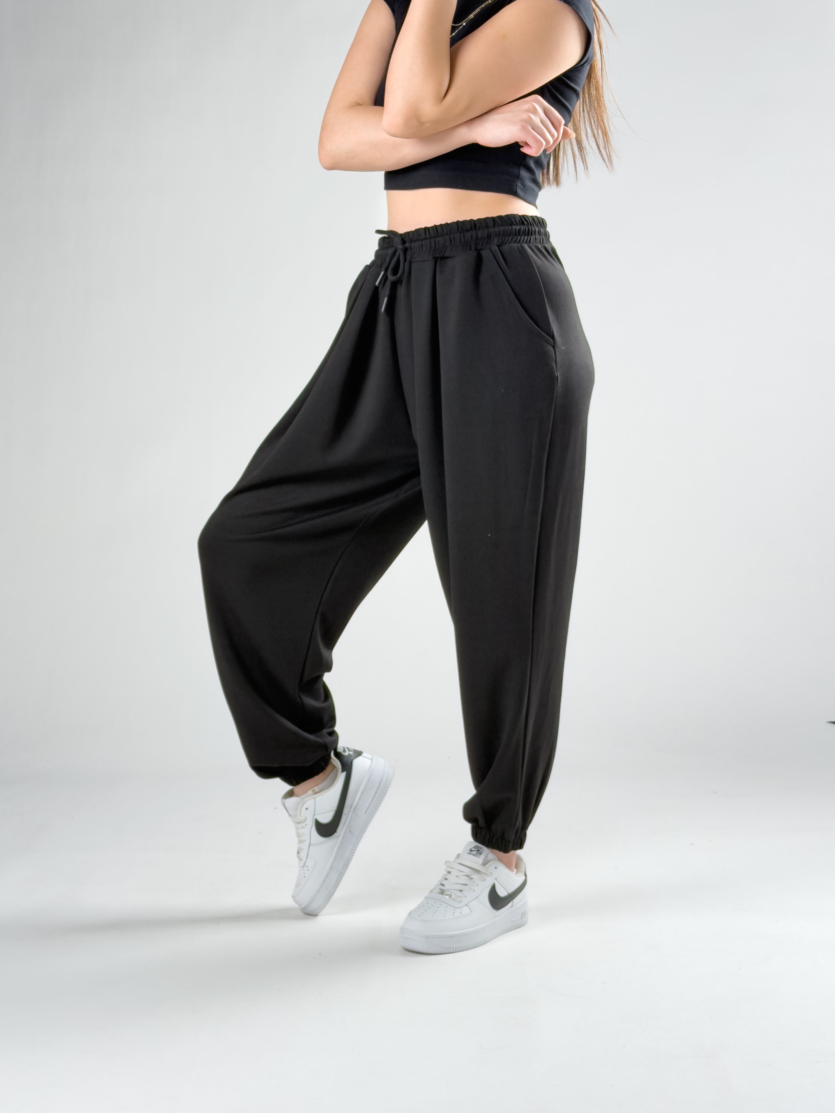 Pileli Siyah Kadın Jogger Pantolon COC2849