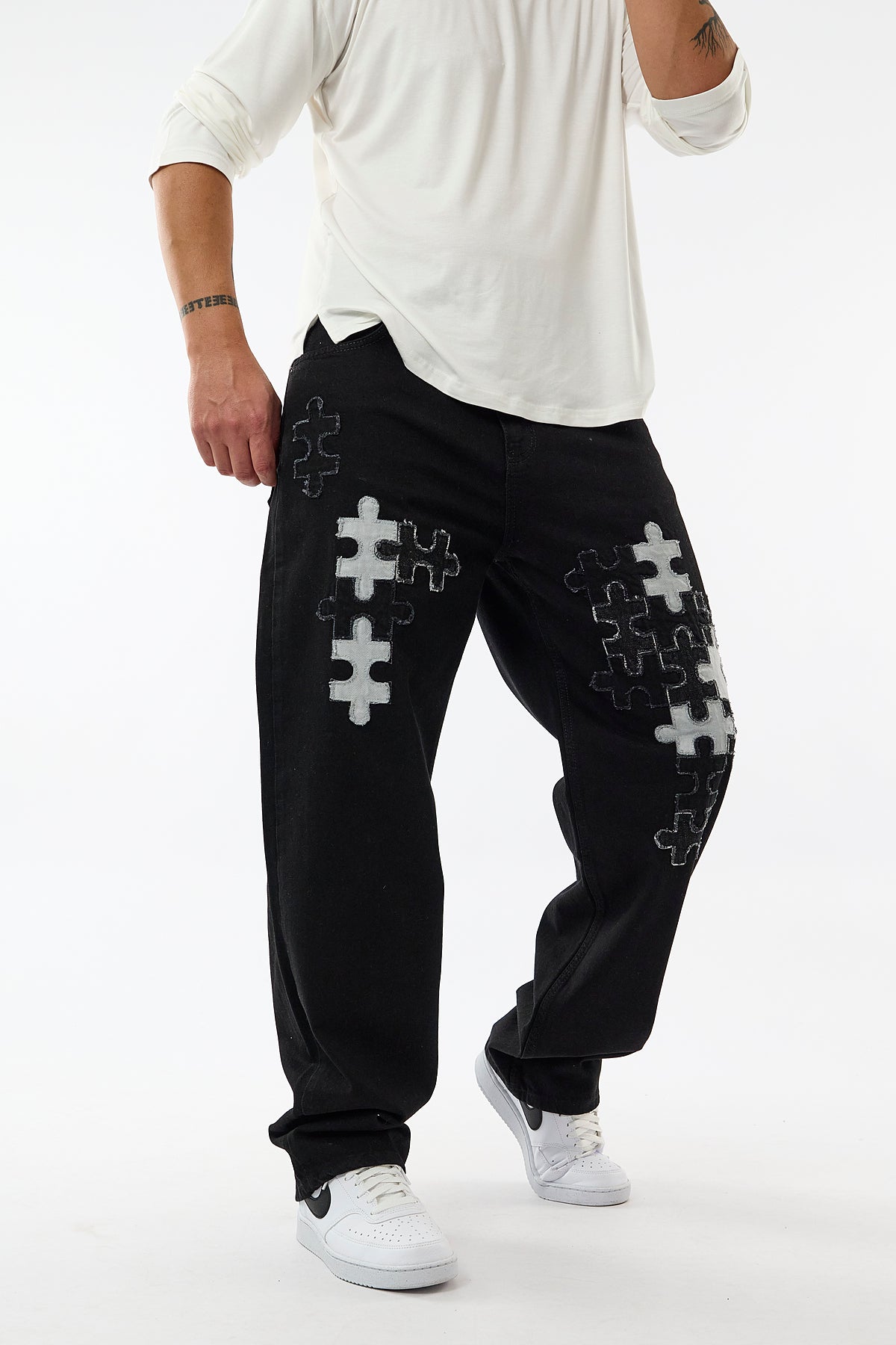 Puzzle Detaylı Siyah Jean Erkek Pantolon COC3656