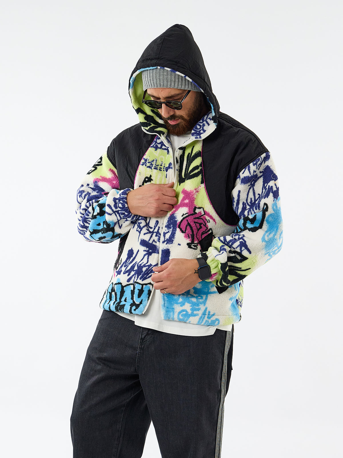 Renkli Grafiti Baskılı Fermuarlı Oversize Erkek Polar Ceket COC3606