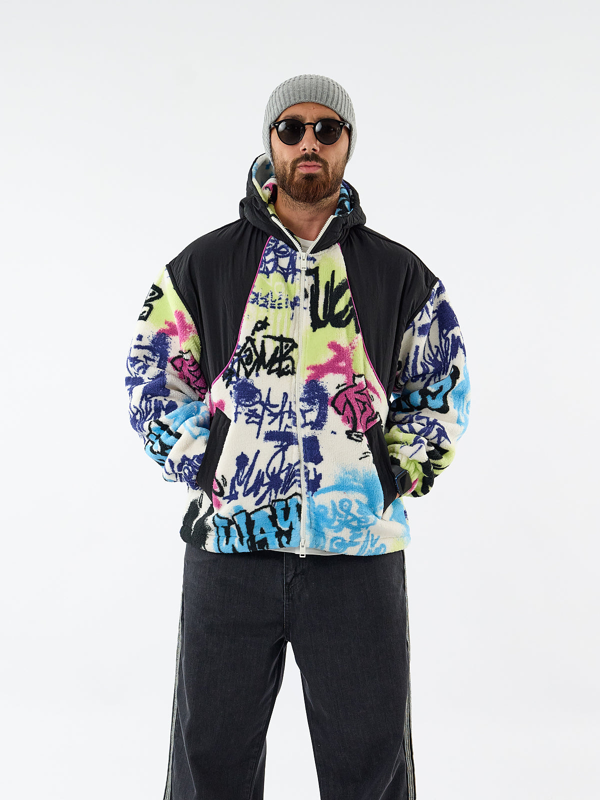 Renkli Grafiti Baskılı Fermuarlı Oversize Erkek Polar Ceket COC3606