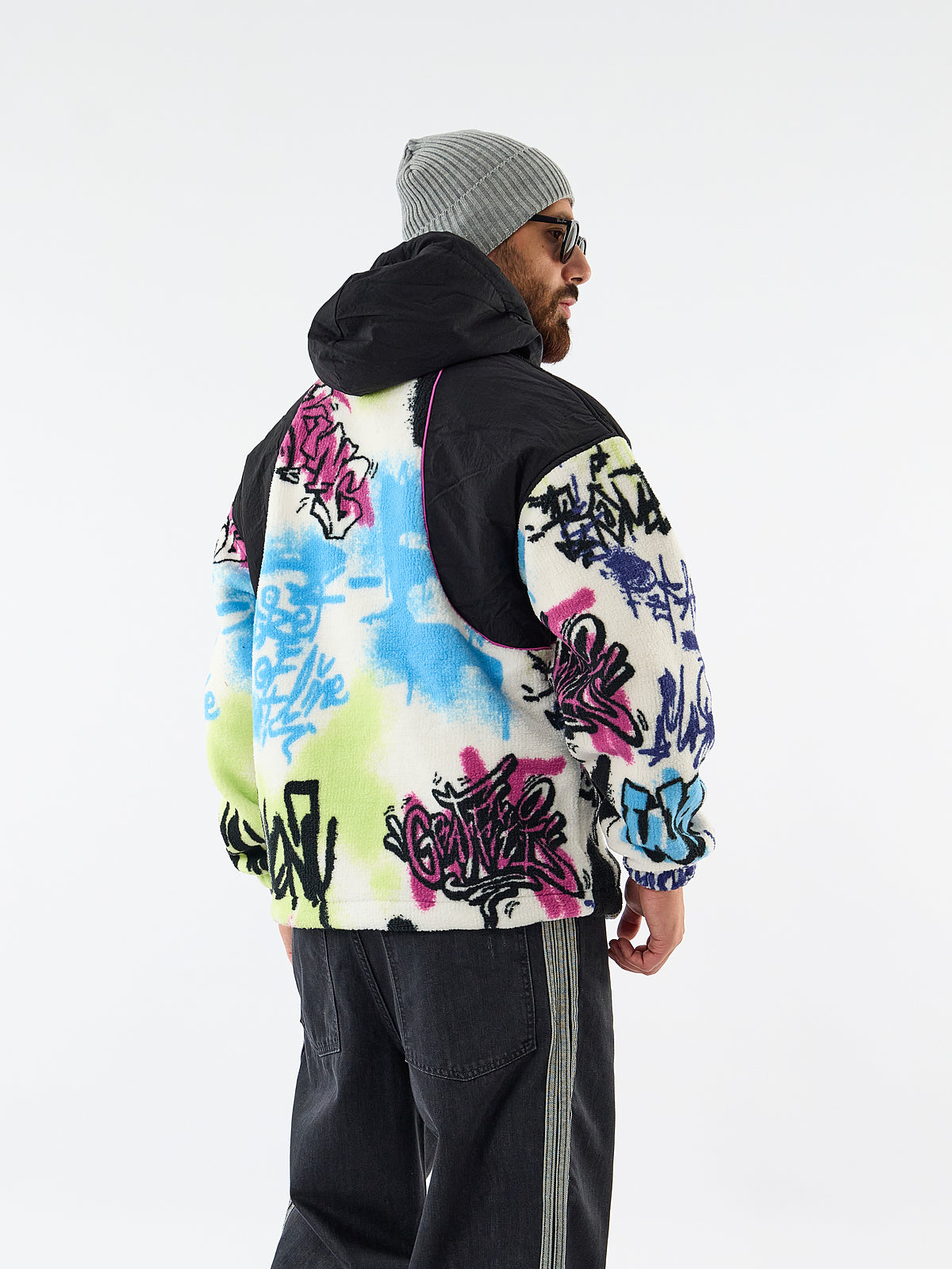 Renkli Grafiti Baskılı Fermuarlı Oversize Erkek Polar Ceket COC3606