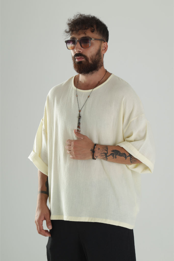 Sarı Müslin Kumaş Oversize Fakir Kol T-Shirt COC1102