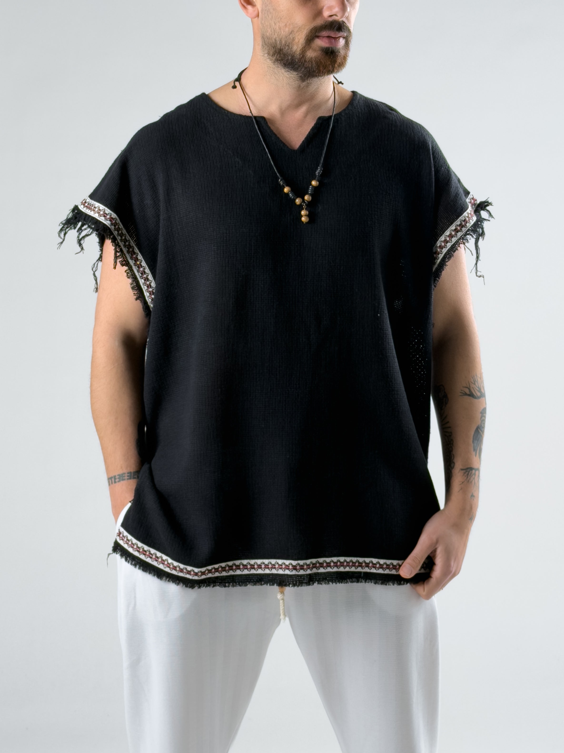 Şerit Detaylı Siyah Erkek Bohem T-Shirt COC2967