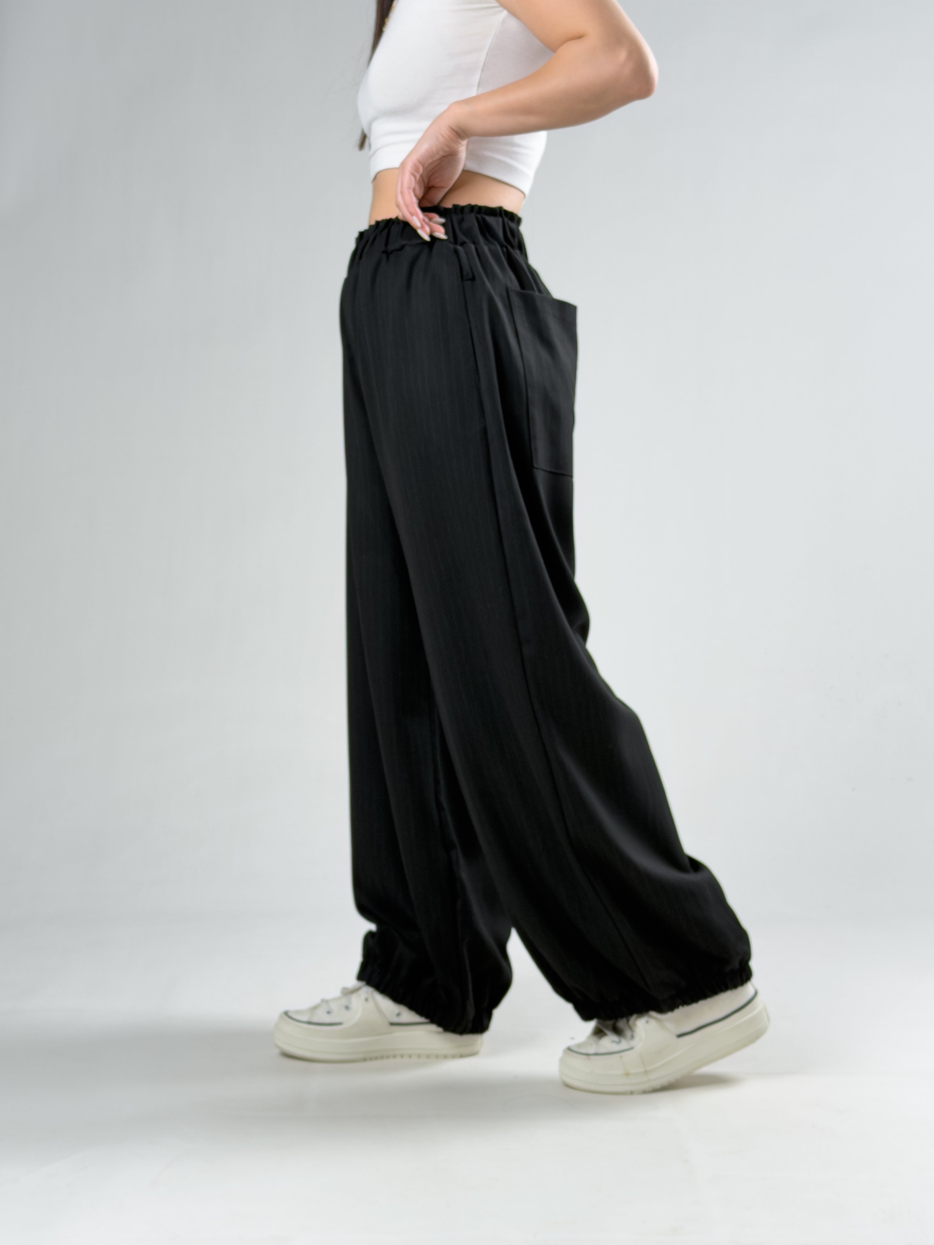 Siyah Çizgili Kadın Oversize Pantolon COC3172