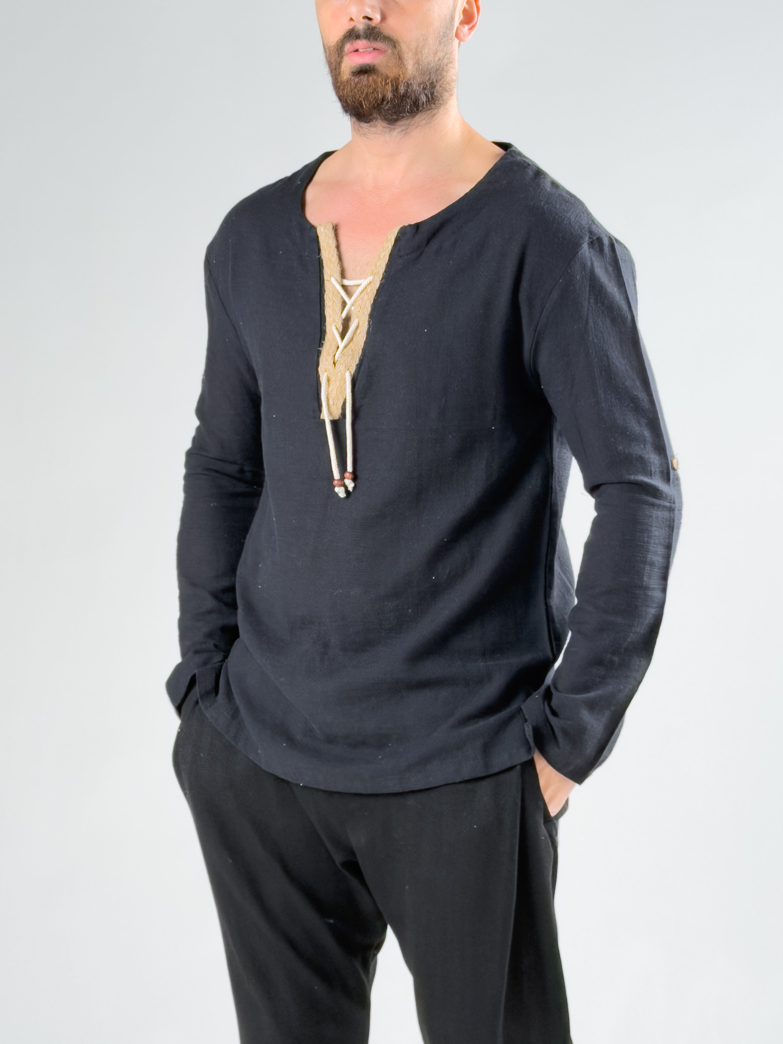 Siyah İp Detaylı Bohem Erkek T-shirt COCK0060