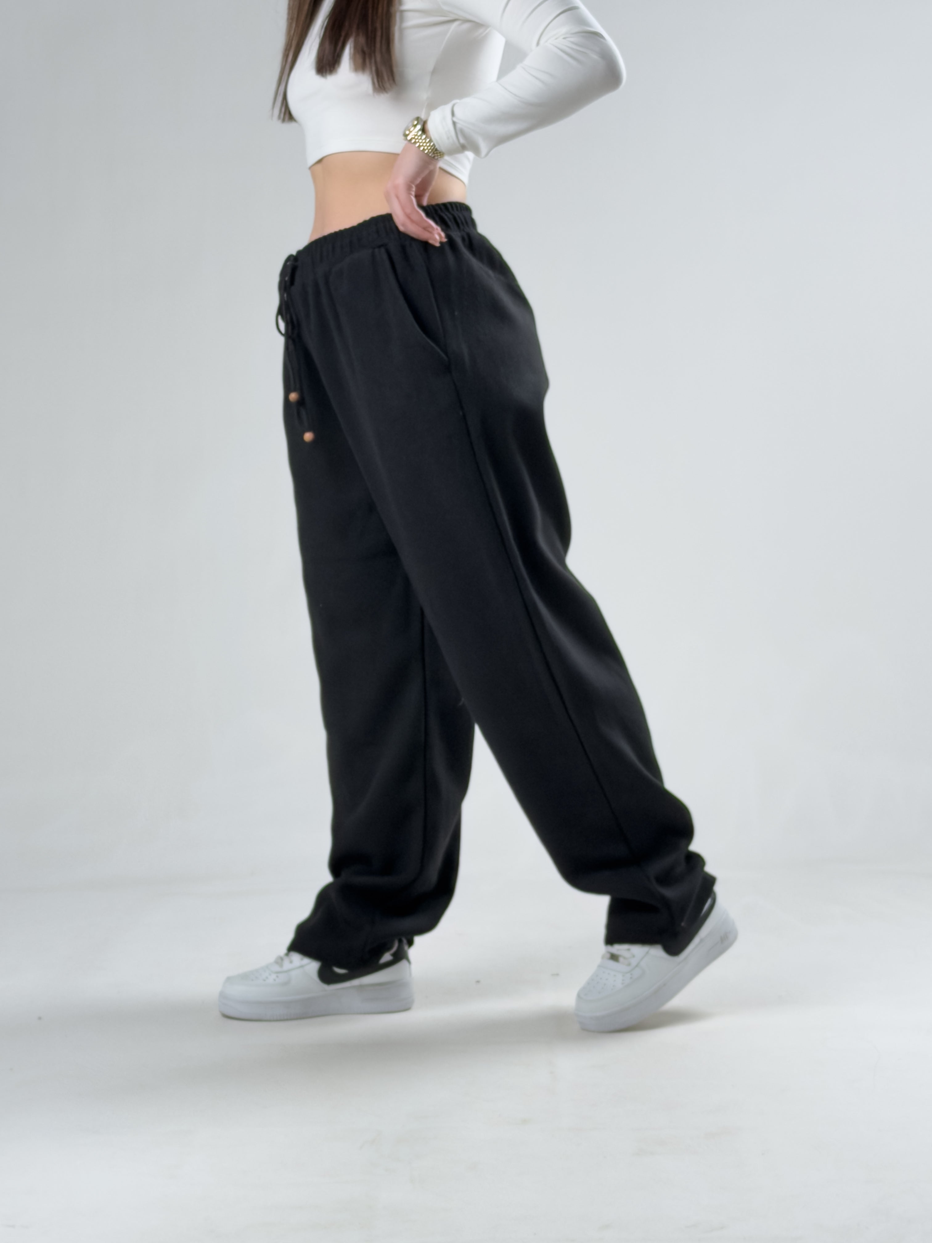 Siyah Kaşe Kadın Baggy Pantolon COCK0046