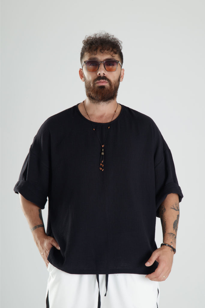Siyah Müslin Kumaş Oversize Fakir Kol T-Shirt COC1103