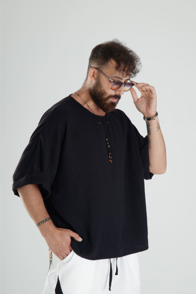 Siyah Müslin Kumaş Oversize Fakir Kol T-Shirt COC1103