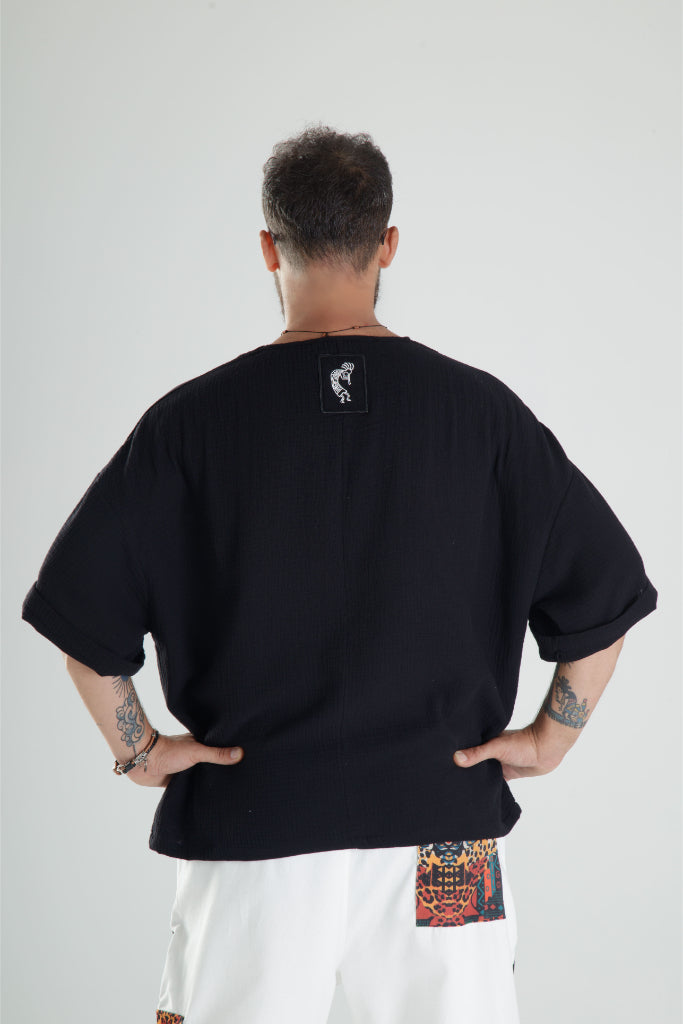 Siyah Müslin Kumaş Oversize Fakir Kol T-Shirt COC1103