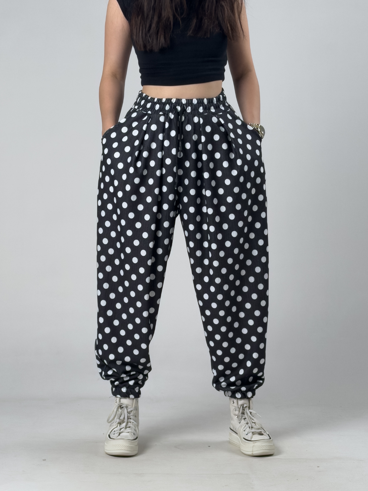 Siyah Puantiyeli Kadın Jogger Pantolon COC3257