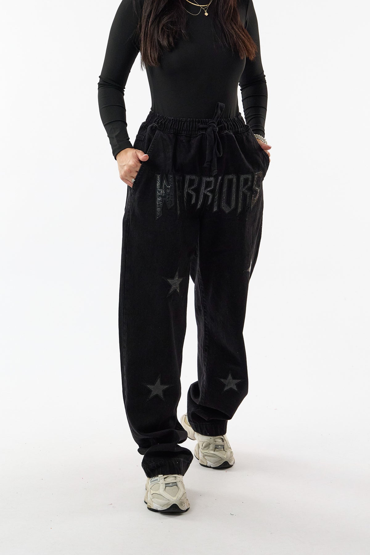 Siyah Warriors Yıldız Detaylı Baggy Jean Kadın Pantolon COC3748