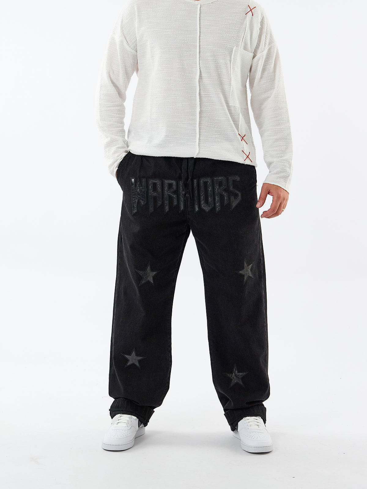 Siyah Warriors Yıldız Detaylı Erkek Baggy Jean Pantolon COC3608