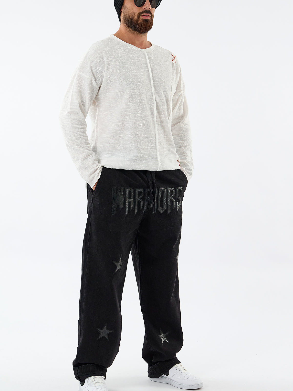 Siyah Warriors Yıldız Detaylı Erkek Baggy Jean Pantolon COC3608